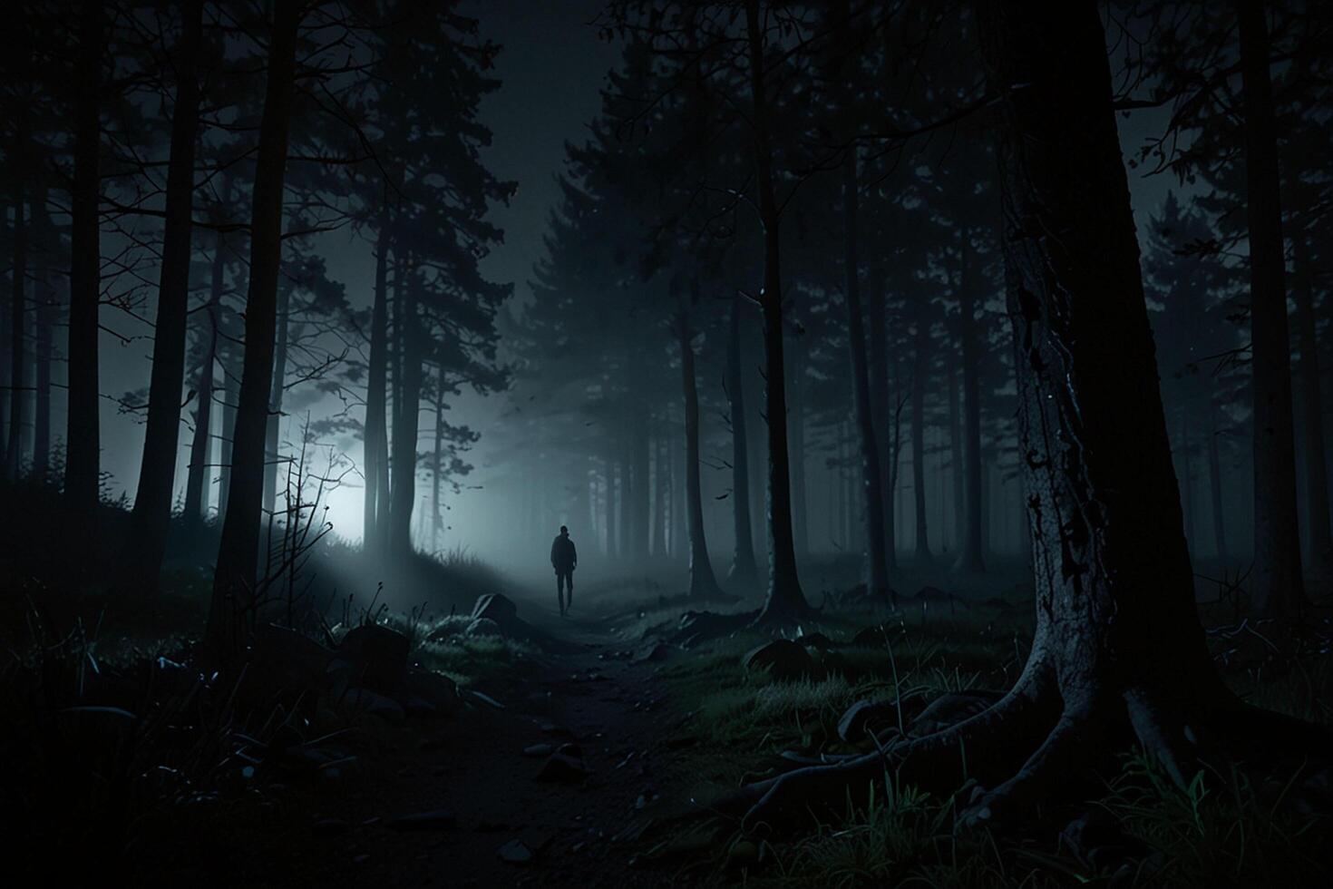 A person walking through the woods at night photo