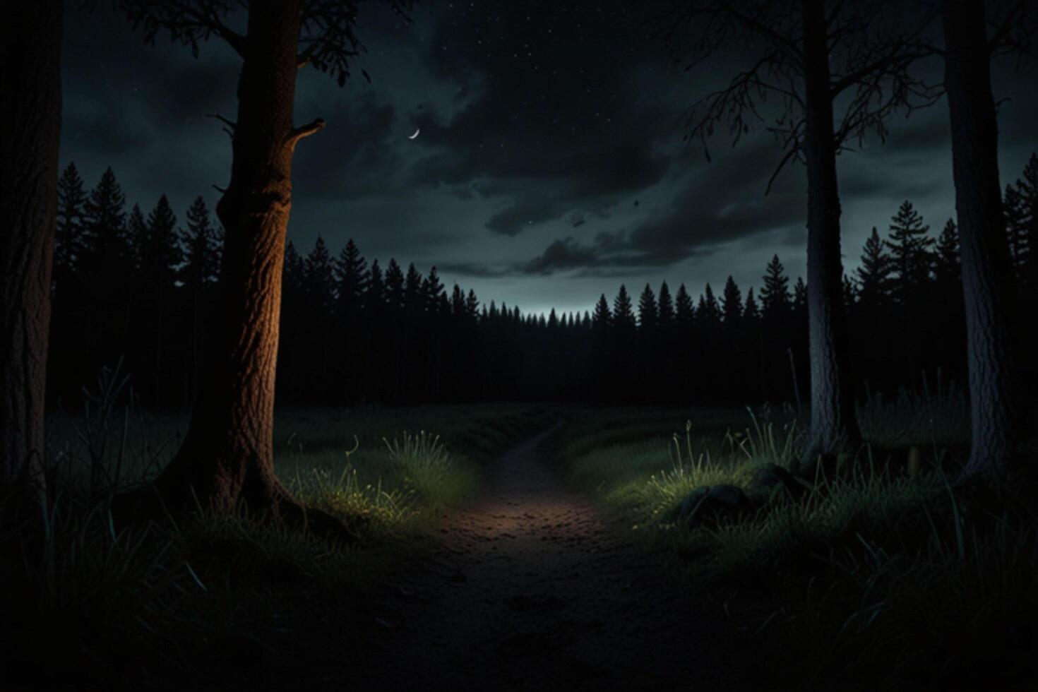 A dark forest path with trees and moonlight photo