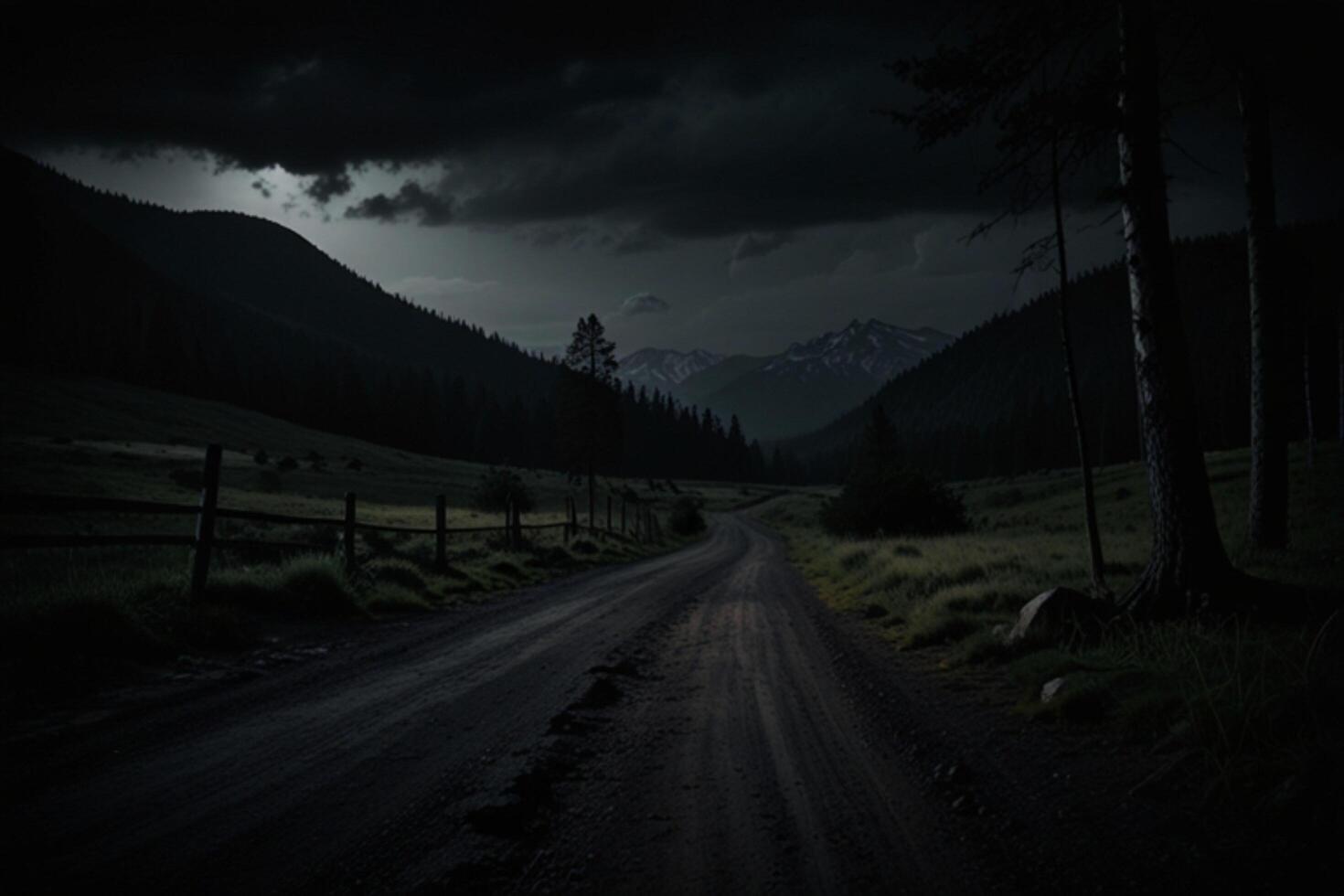 A dark road in the middle of a field with trees and mountains photo