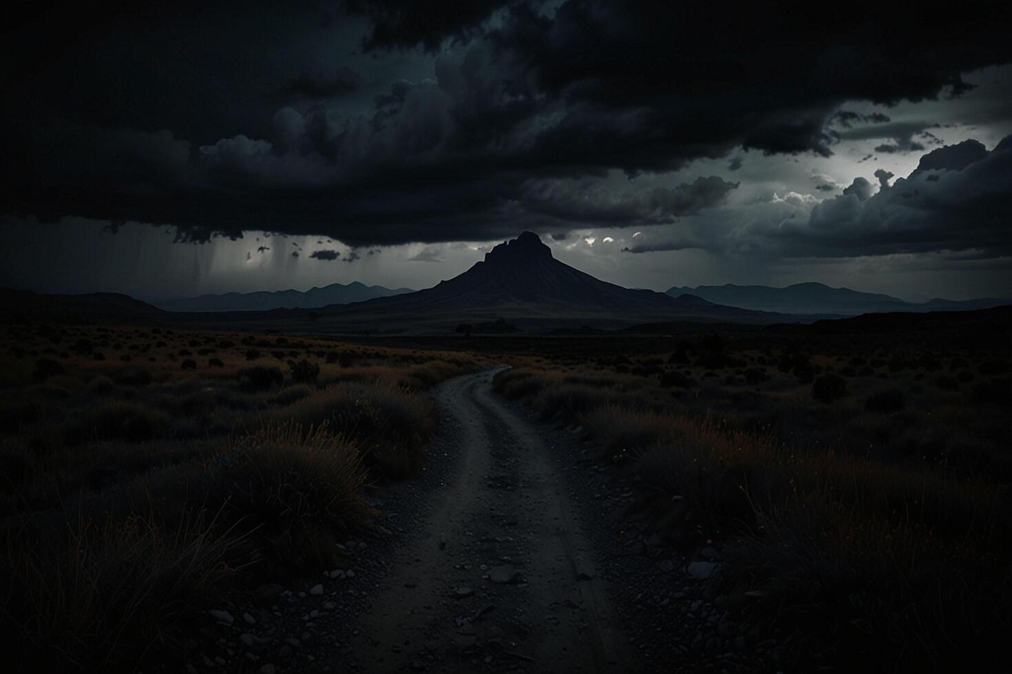 A dark road leads to a mountain under a stormy sky photo