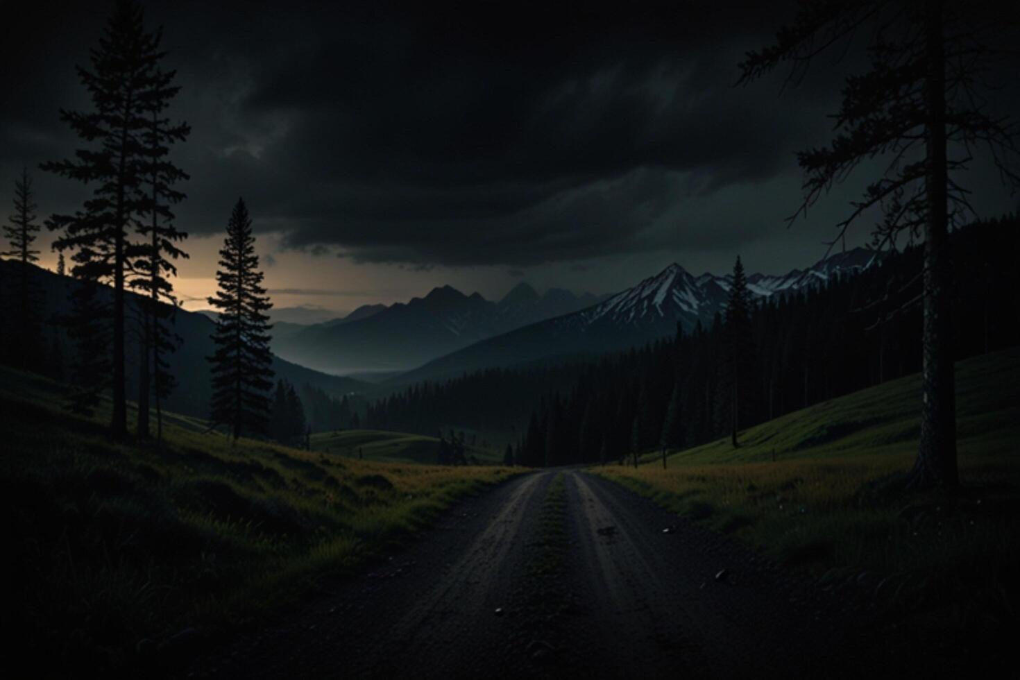 A dark road in the mountains with trees and mountains photo