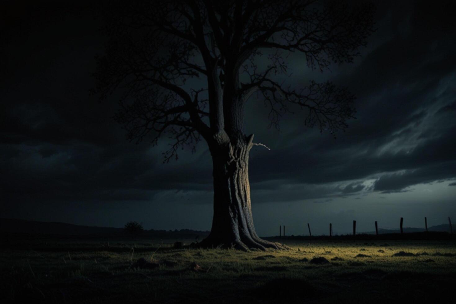 A lone tree in the middle of a field at night photo