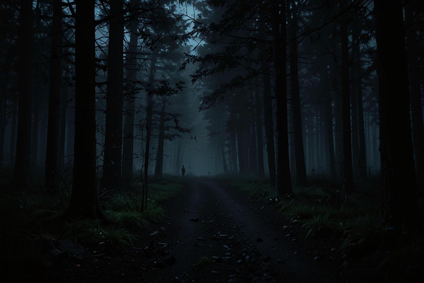 A dark path in the woods with trees and fog photo