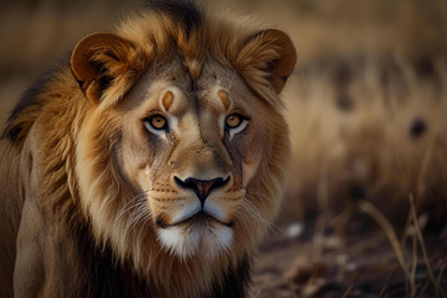 A lion is looking at the camera in the wild photo