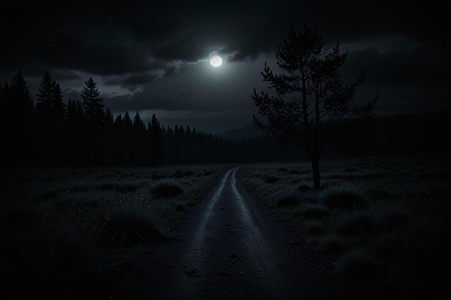 A dark road in the middle of a field with a full moon photo
