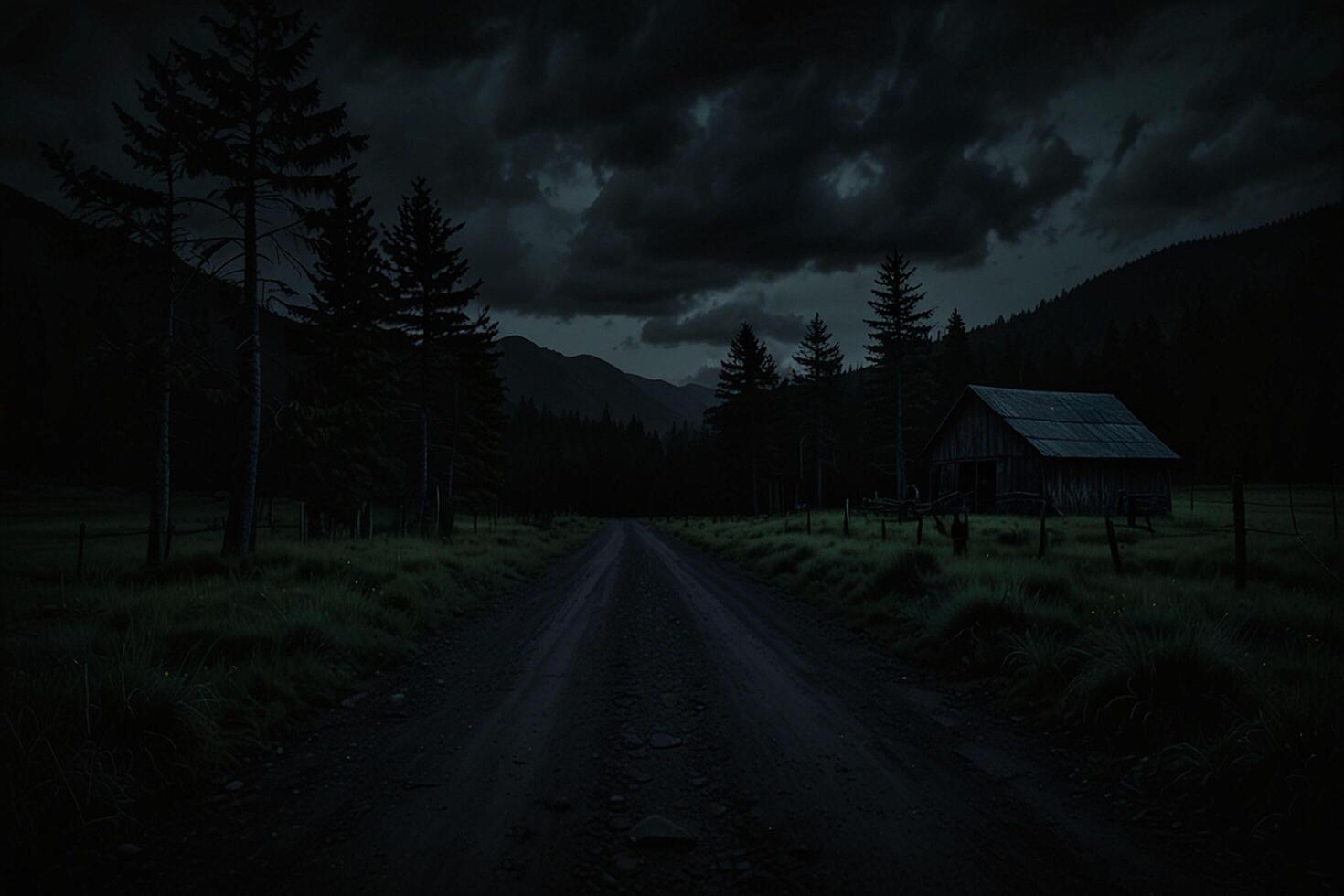 A dark road with a house on it in the middle of the night photo