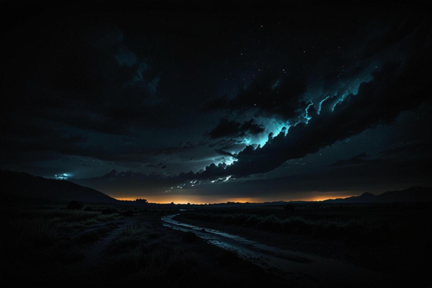 A dark night sky with a river and clouds photo