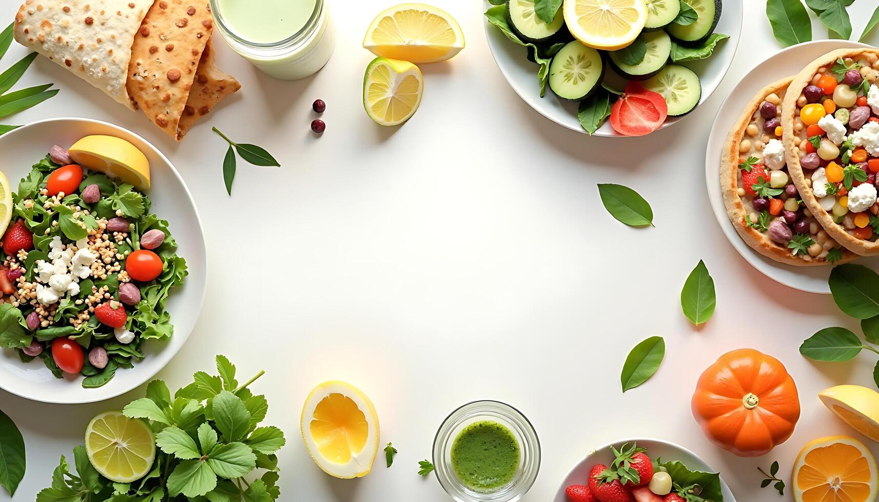 A variety of healthy foods are arranged on white plates photo