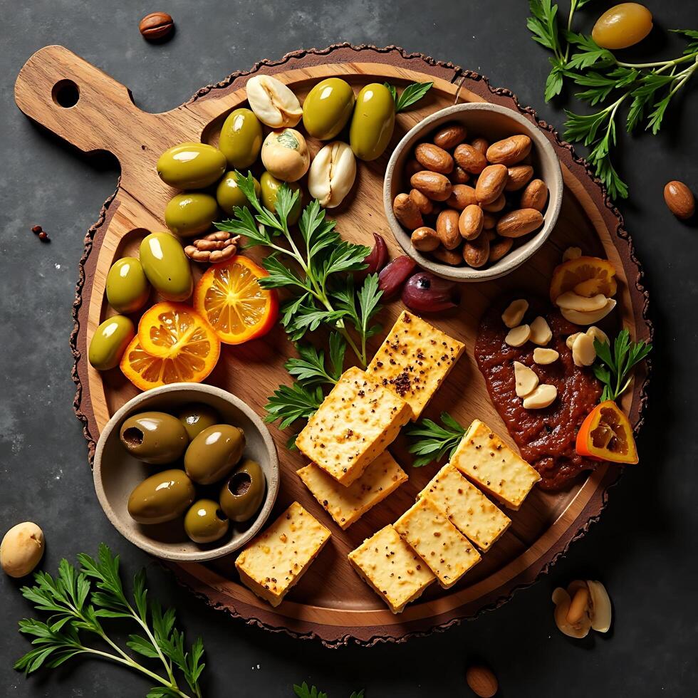 An assortment of olives, cheese, nuts and olives on a wooden board photo