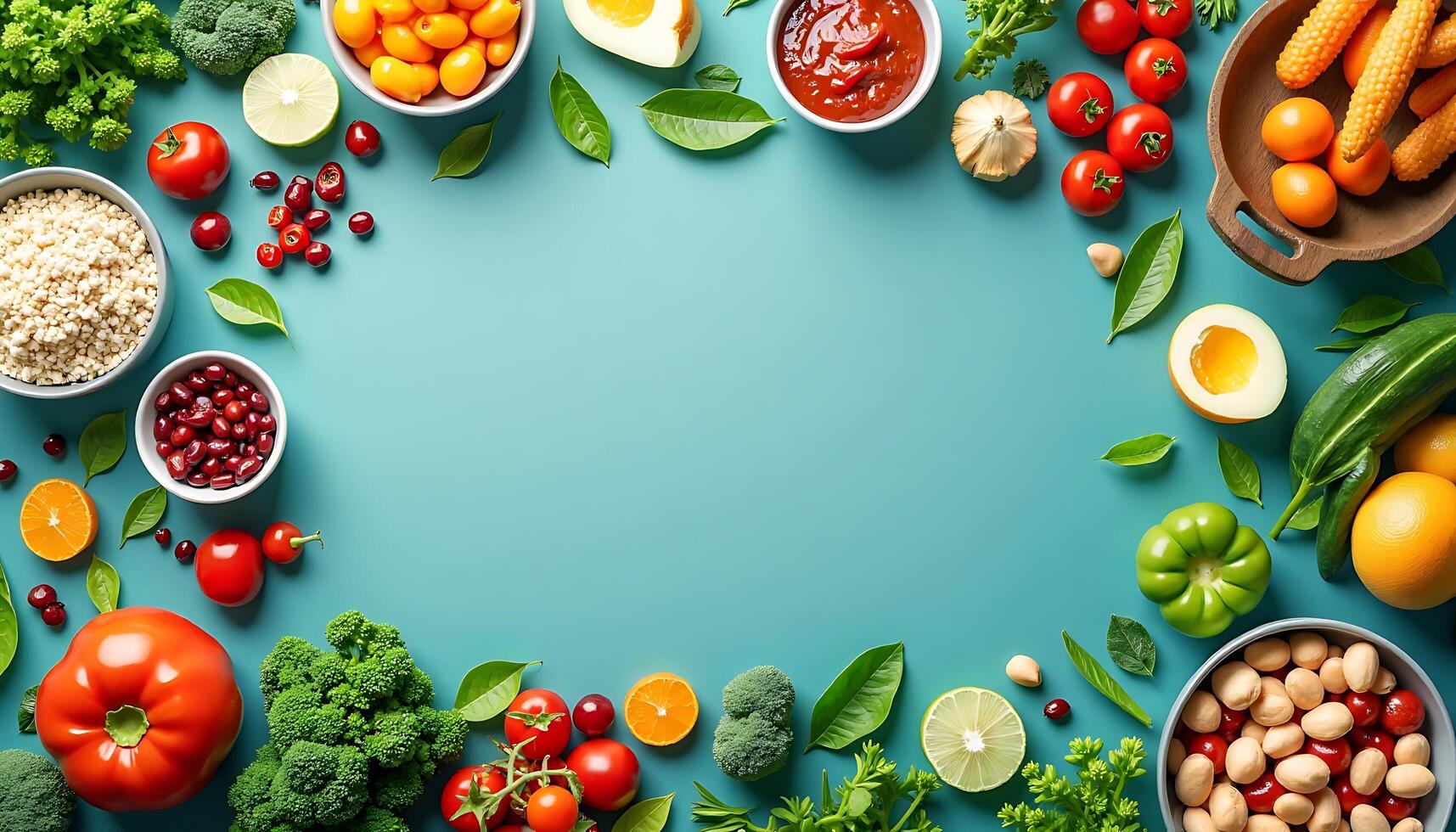 A circular frame with various vegetables and fruits photo