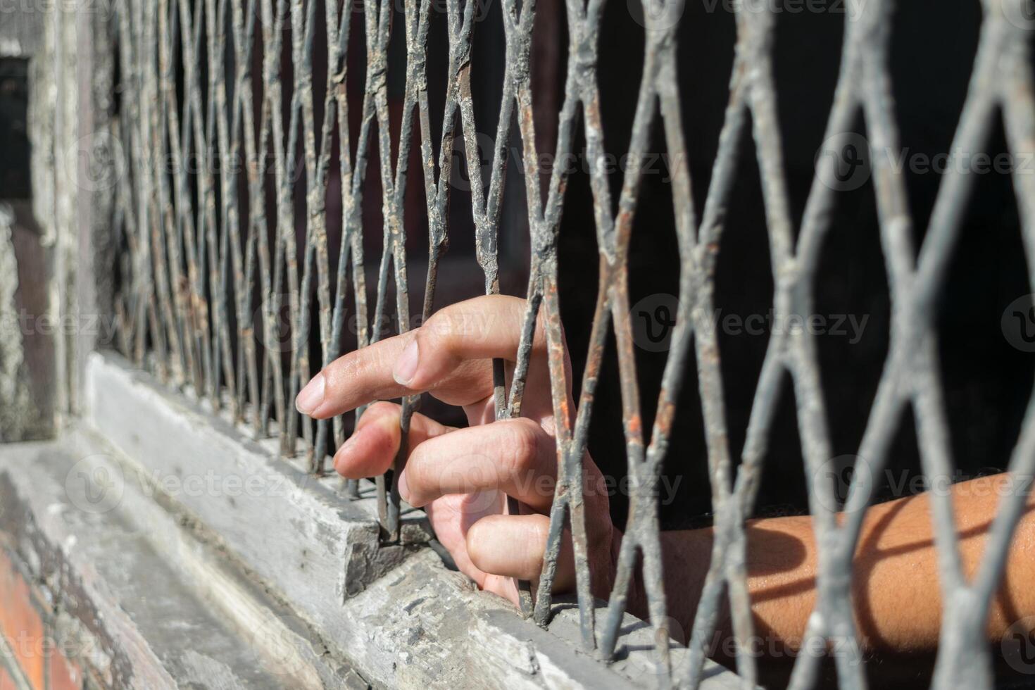 A hand reaching through a metal fence photo