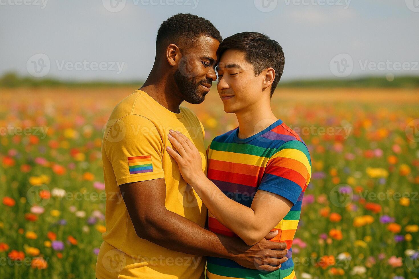 image of a gay couple with African and Asian heritage showing love in a colorful wildflower field wearing rainbow pride outfits under warm sunlight photo