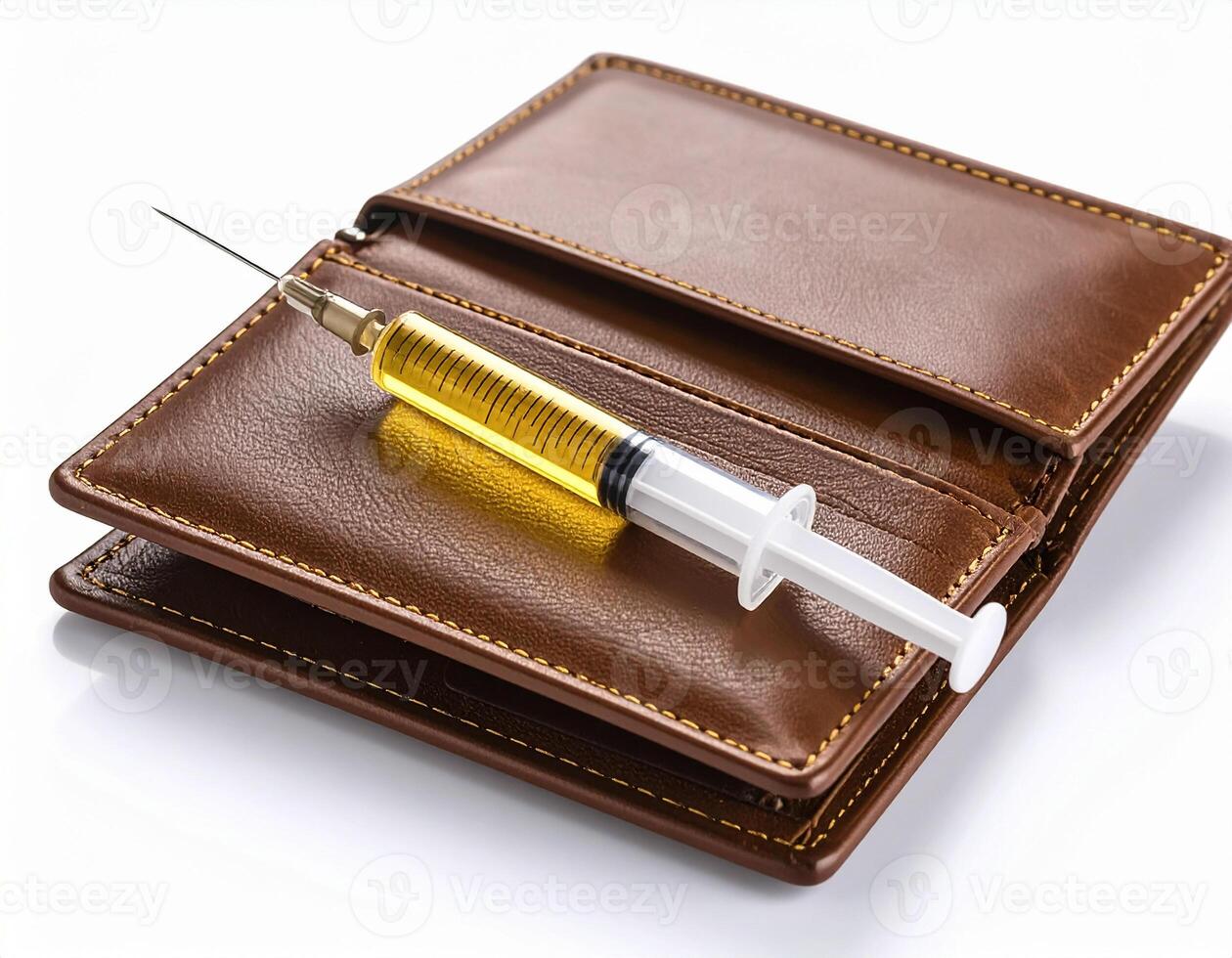 A syringe is sitting in a brown wallet photo