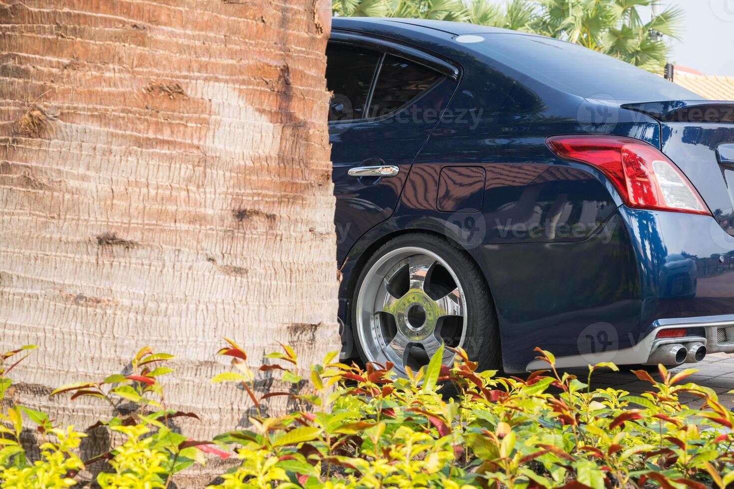 A blue car parked next to a tree photo