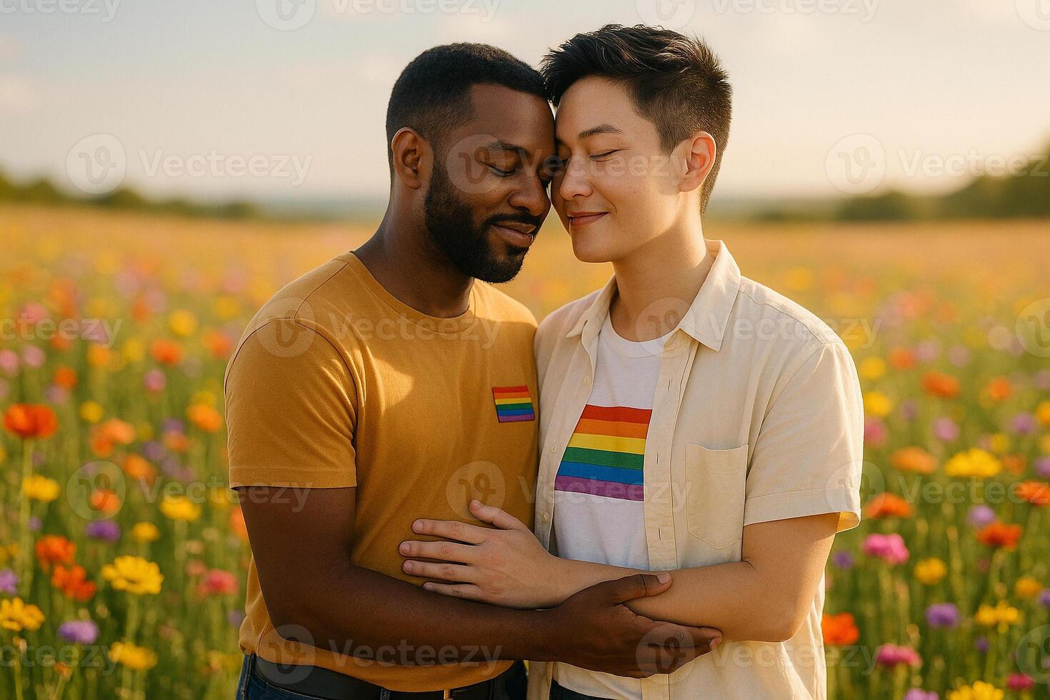loving interracial gay couple with rainbow symbols in vibrant flower field under bright warm sunlight photo