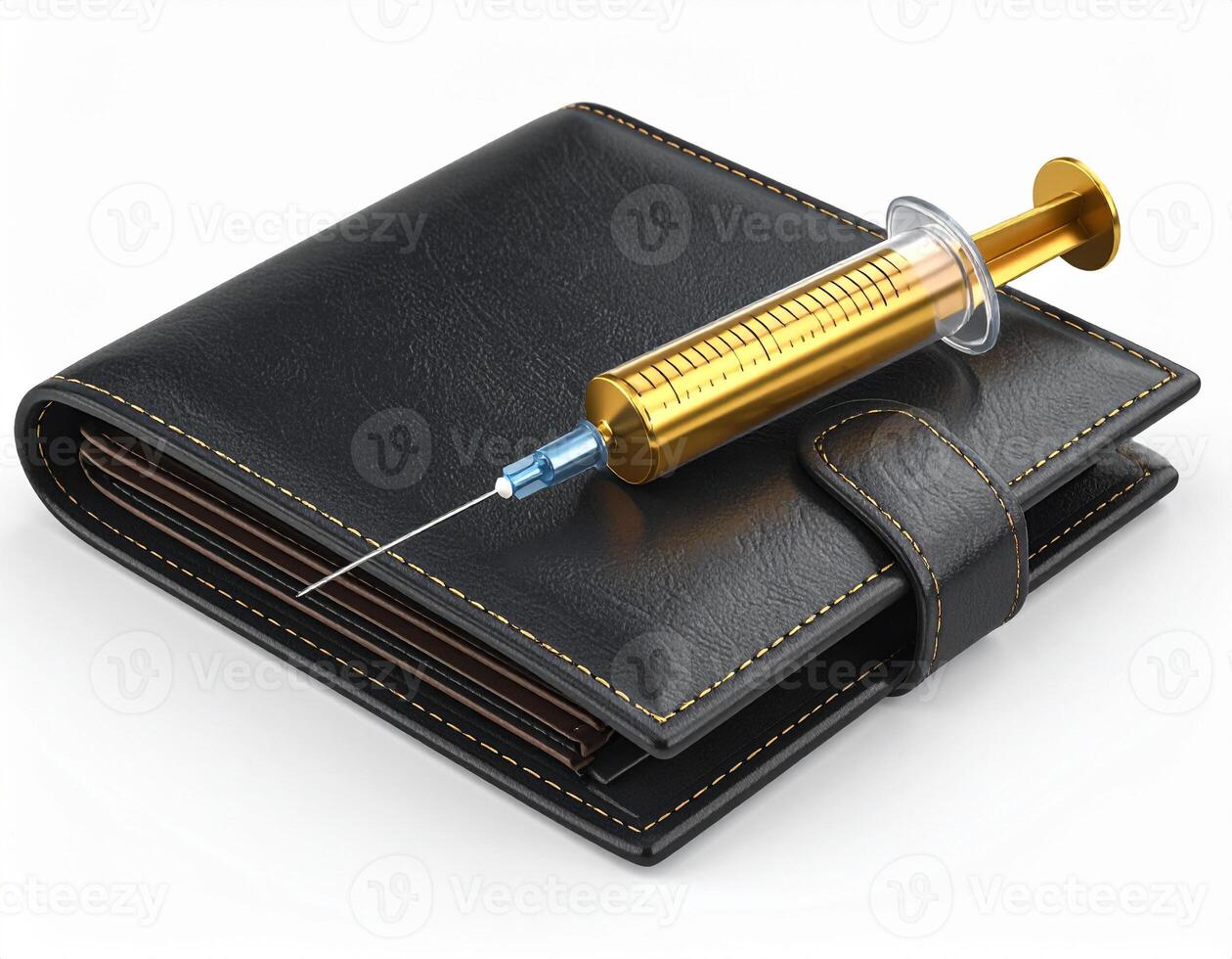 A syringe is sitting on top of a wallet photo