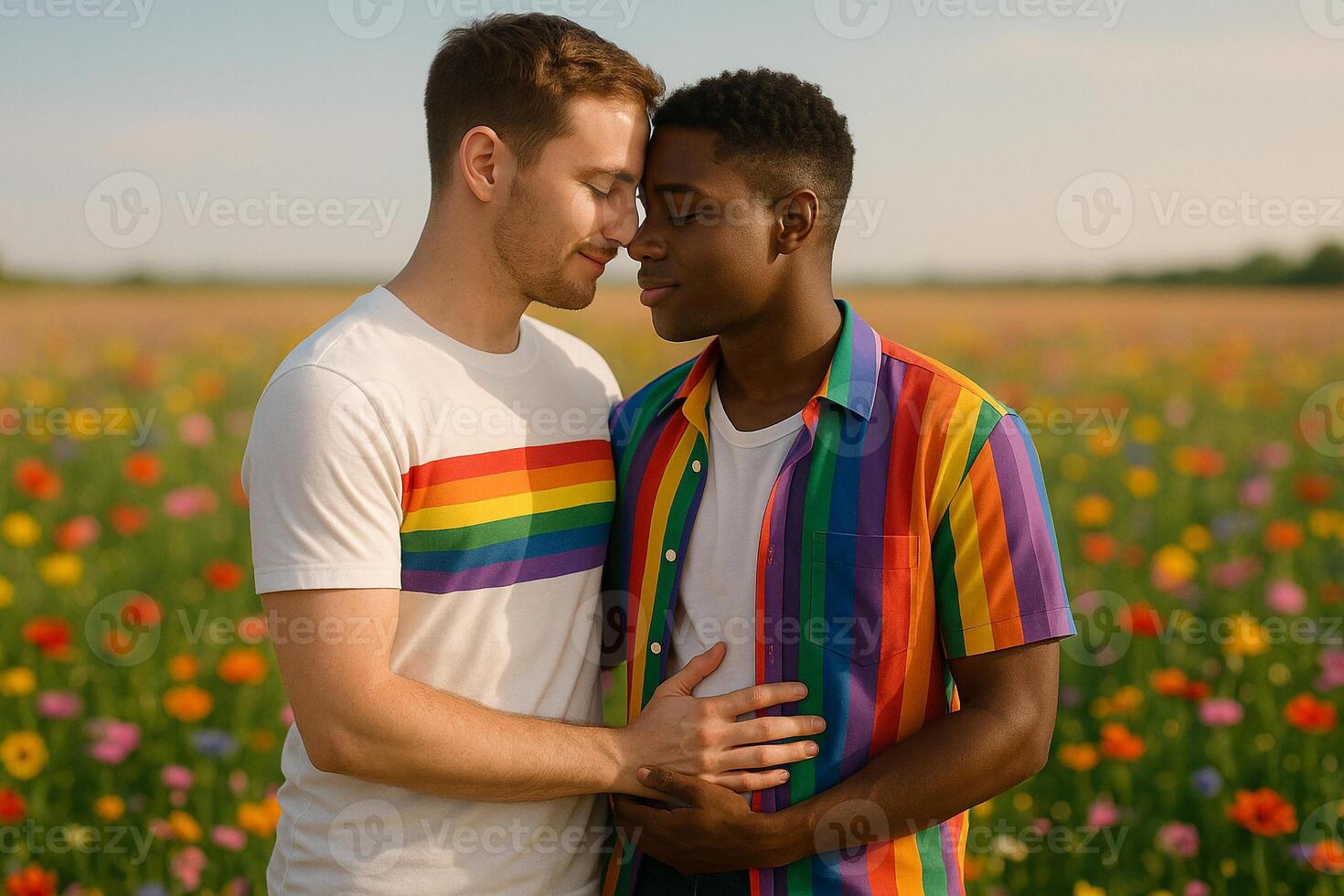 image of a loving interracial gay couple embracing in a colorful flower field with pride-themed clothing under warm sunlight photo