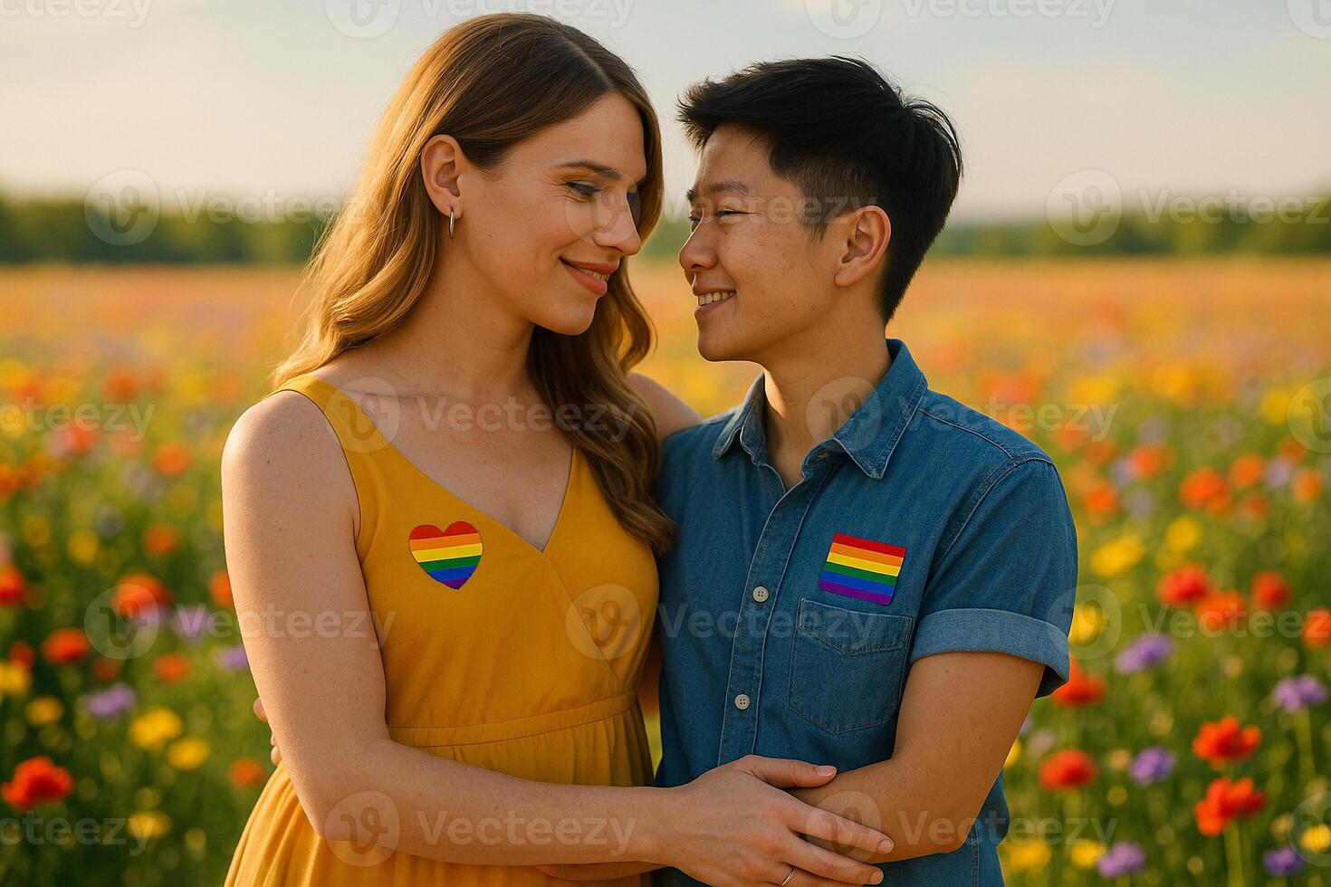 image of a transgender woman and tomboy partner sharing a tender moment in a colorful flower field under warm sunlight with rainbow symbols expressing love and inclusion photo