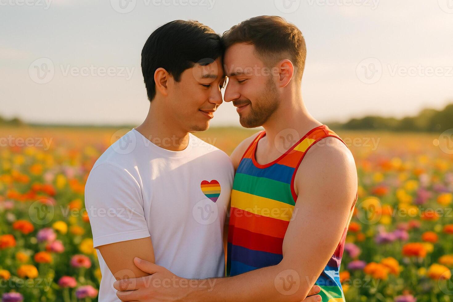 image of an Asian man and a European gay man showing intimate love and pride in a blooming flower field under warm sunlight wearing rainbow themed LGBTQ outfits photo