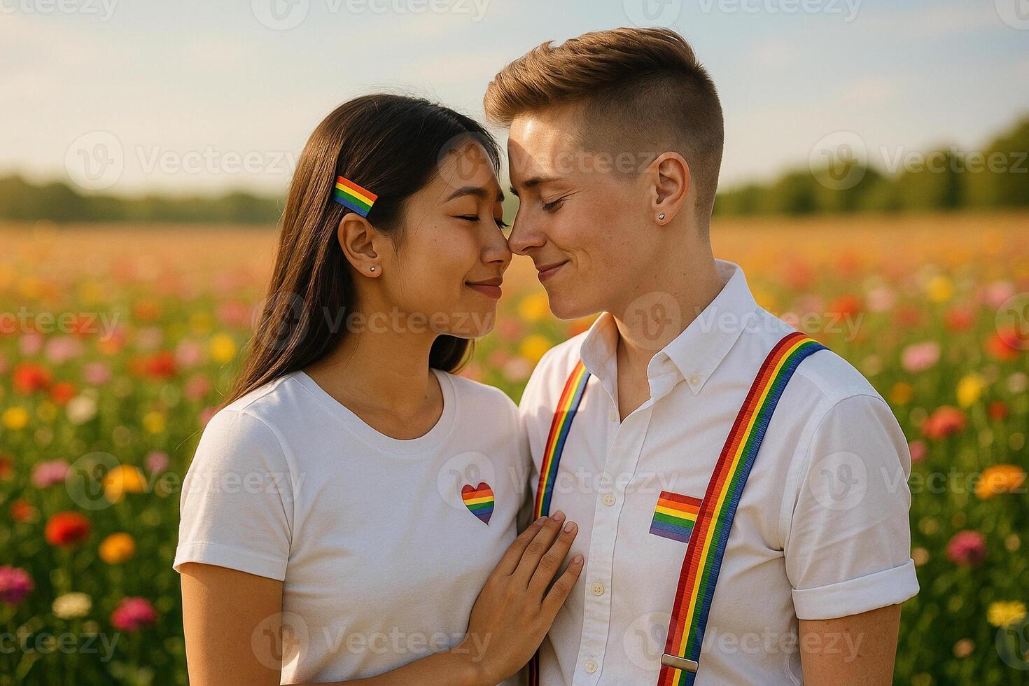 image of LGBTQ couple showing love in colorful flower field under warm sunlight with rainbow symbols and romantic atmosphere photo