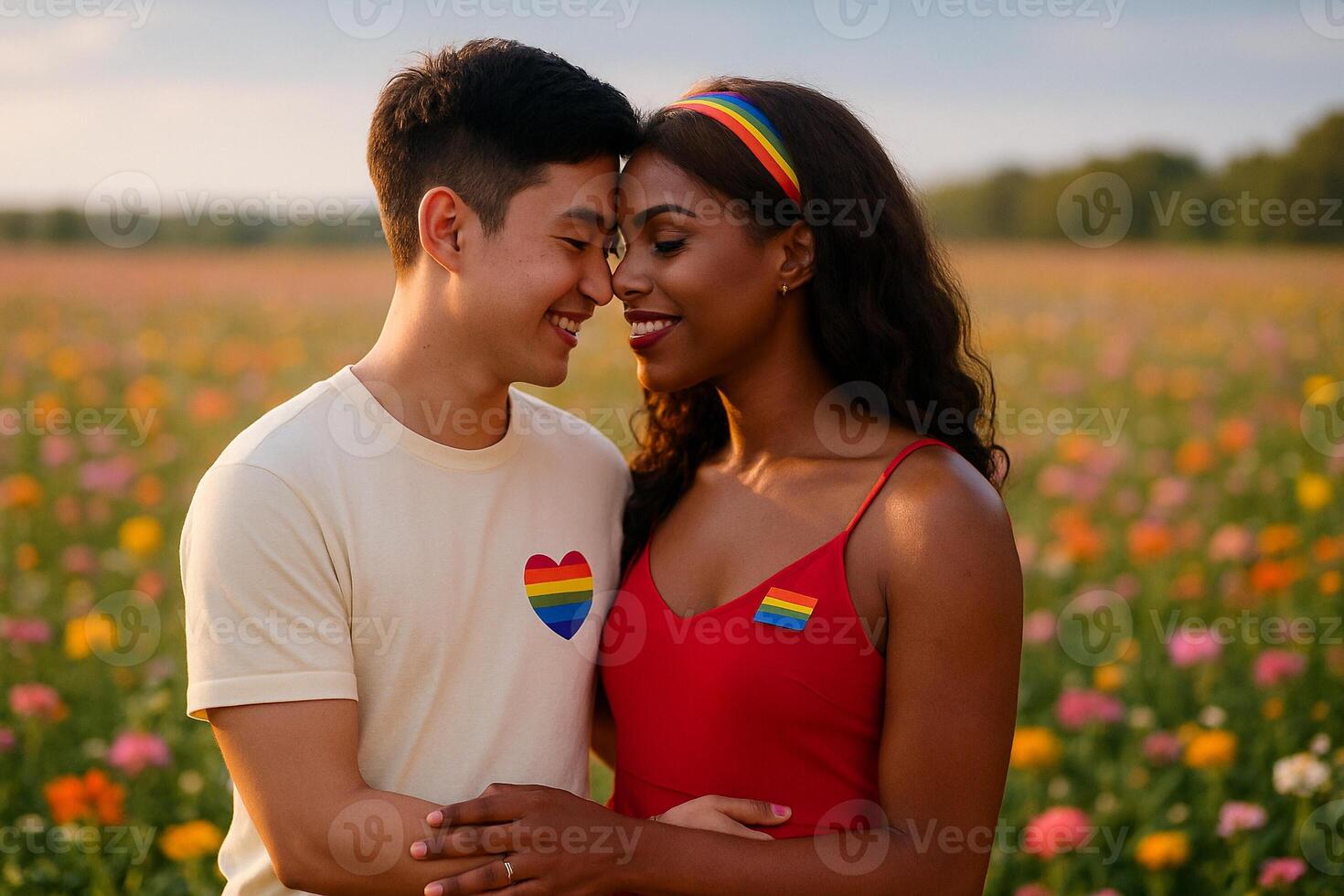 image of LGBTQ couple showing love in a colorful flower field with warm sunlight and rainbow symbols expressing diversity pride and tenderness photo