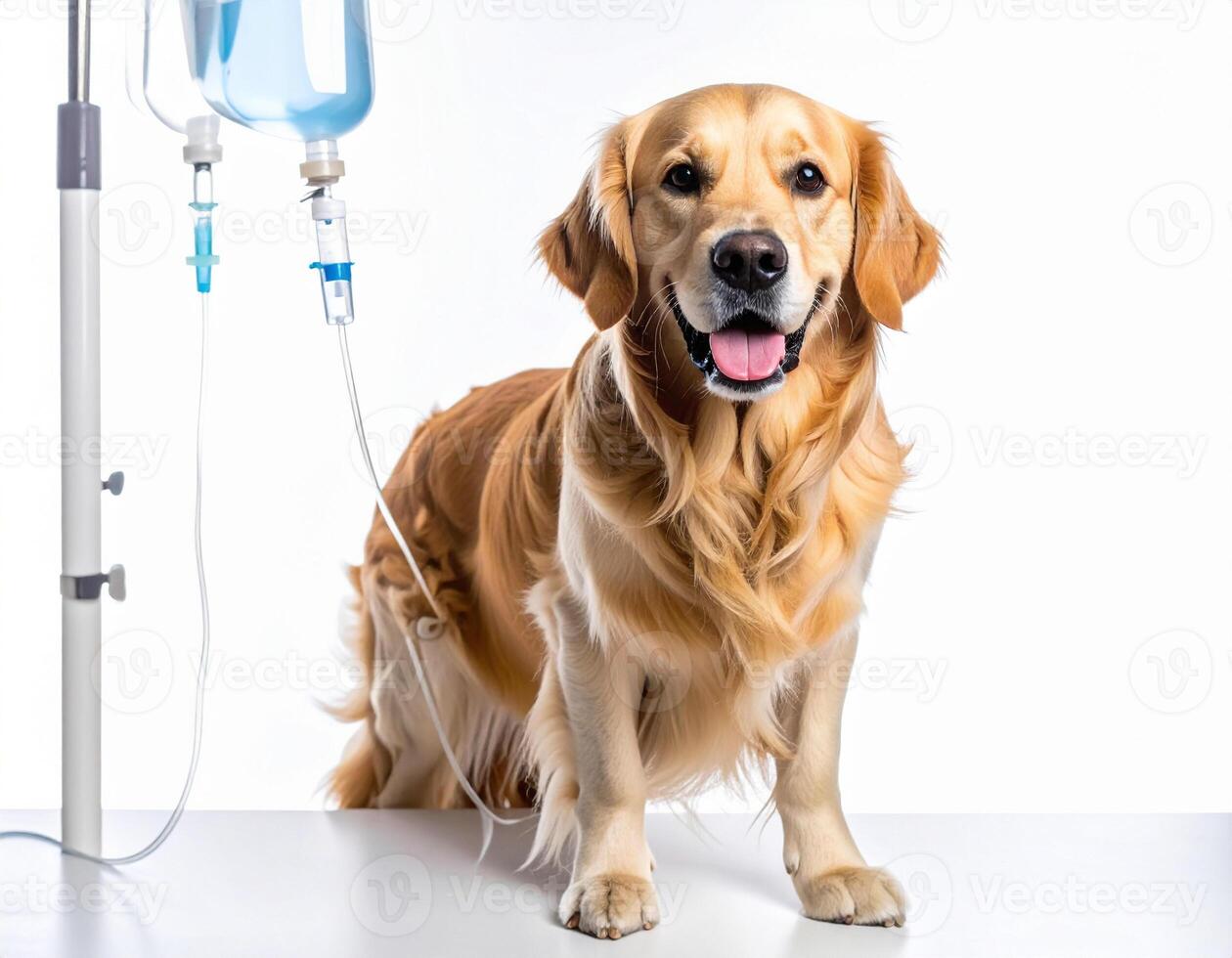 A golden retriever is standing next to an iv drip photo