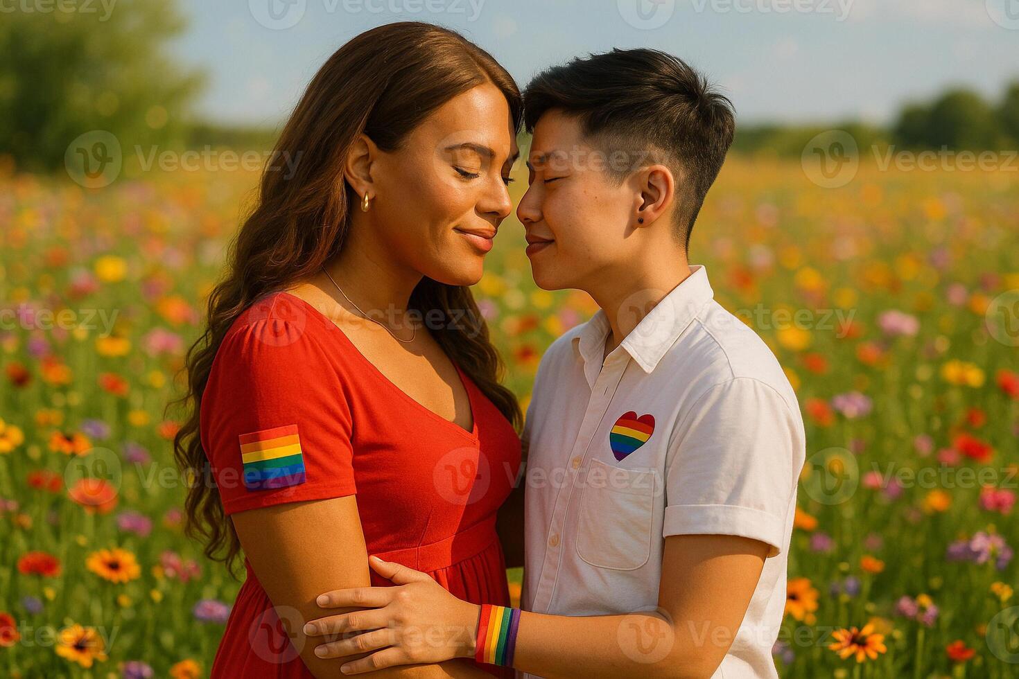 image of a transgender woman and butch Asian partner expressing love in a colorful flower field under warm sunlight with rainbow pride symbols and soft peaceful background photo