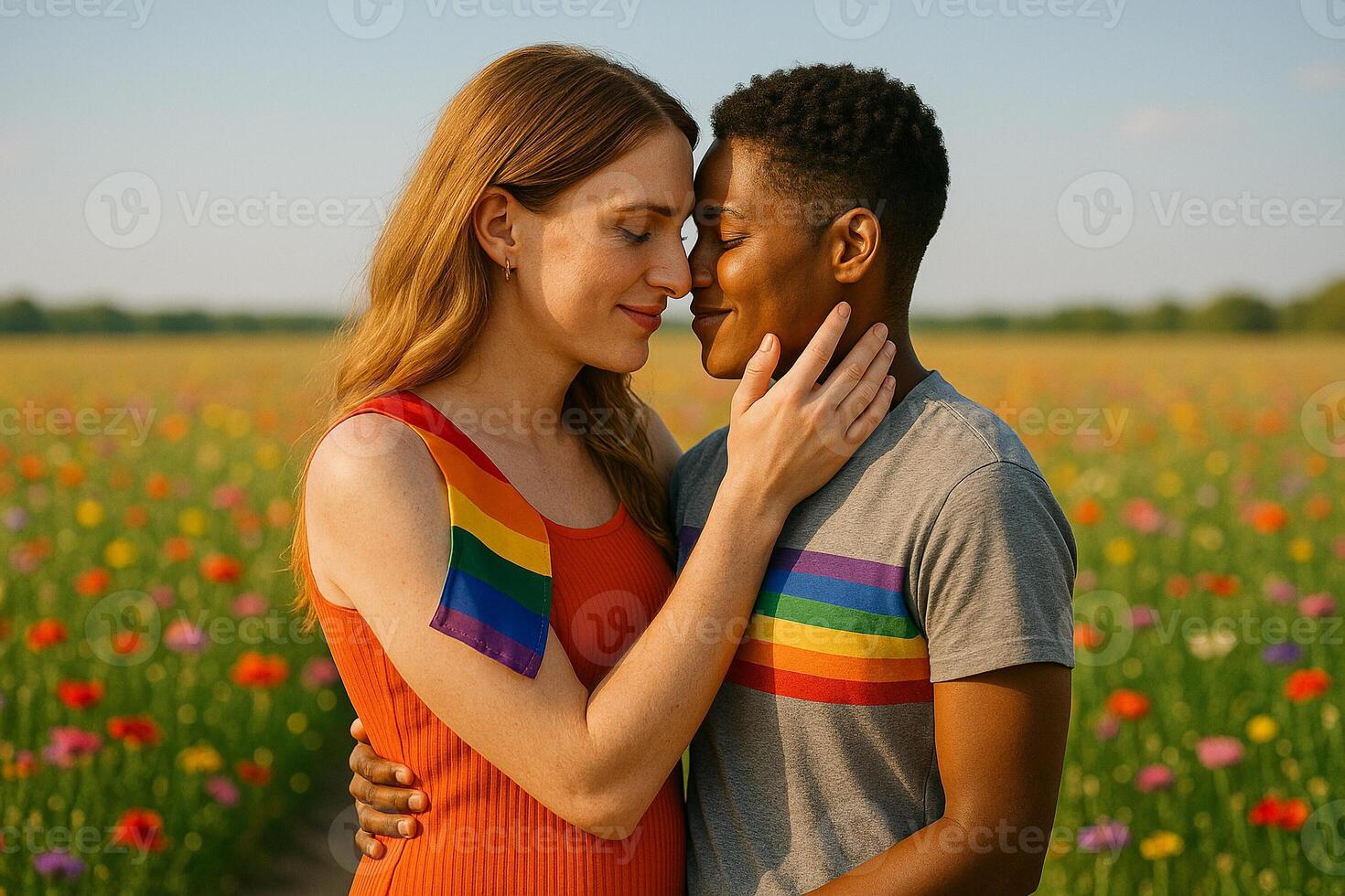 image of transgender and tomboy LGBTQ couple sharing a loving moment in a colorful flower field under warm sunlight with rainbow details and emotional connection photo