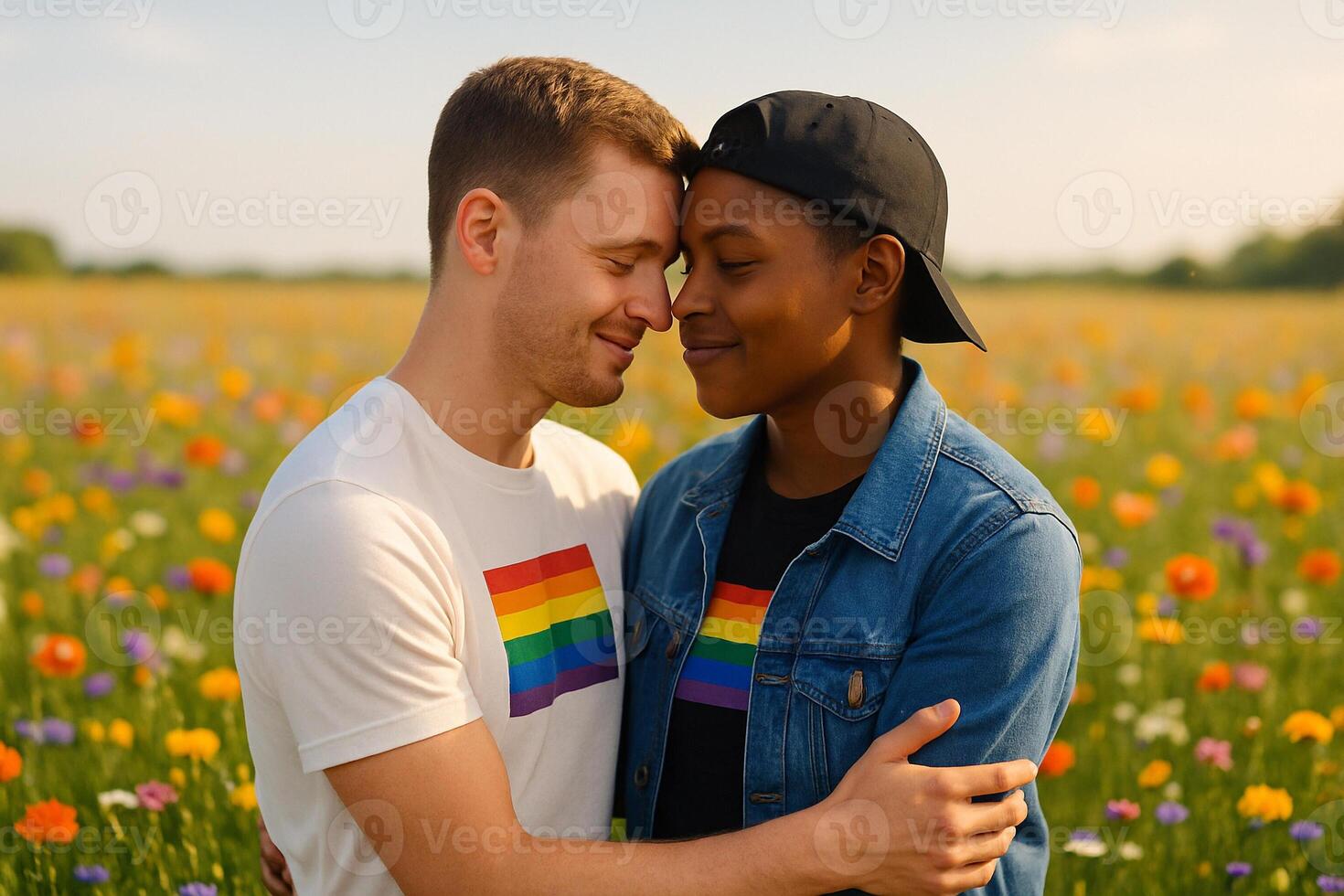 image of a European man and black tomboy woman expressing love in a vibrant wildflower meadow wearing rainbow LGBTQ attire under warm sunlight photo