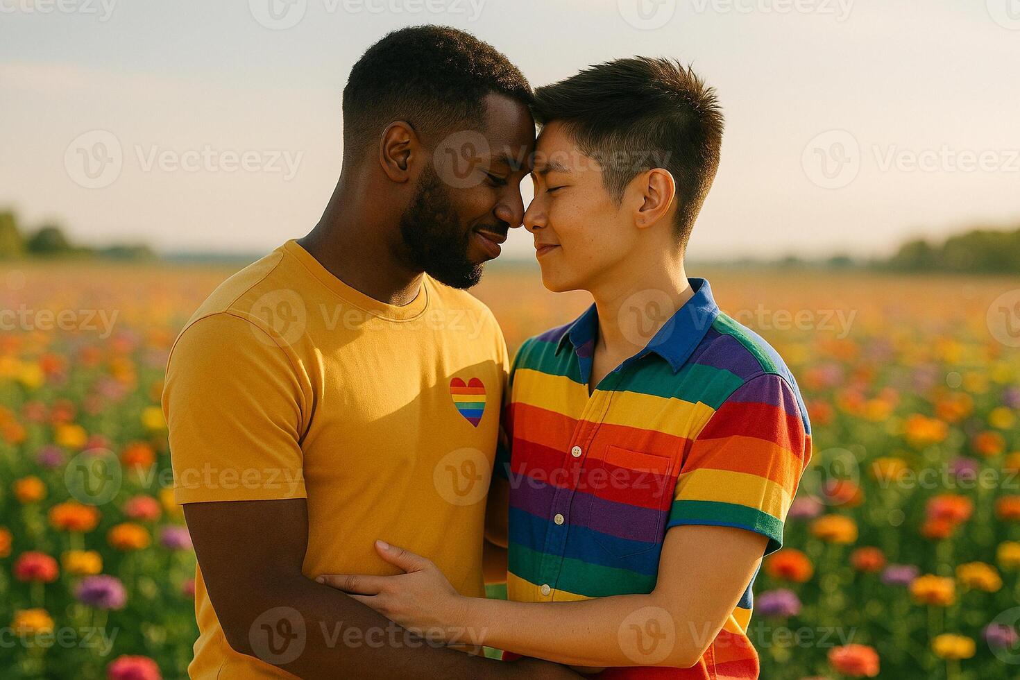 image of a Black man and an Asian tomboy embracing with love in a vibrant flower field wearing rainbow outfits showing LGBTQ pride under warm sunlight photo