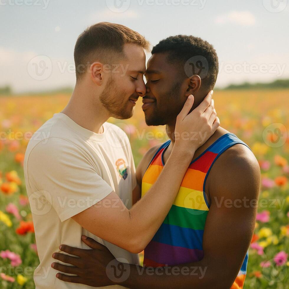image of a loving interracial gay couple embracing in a sunlit wildflower field wearing rainbow attire symbolizing LGBTQ pride and emotional connection with soft background and warm tones photo