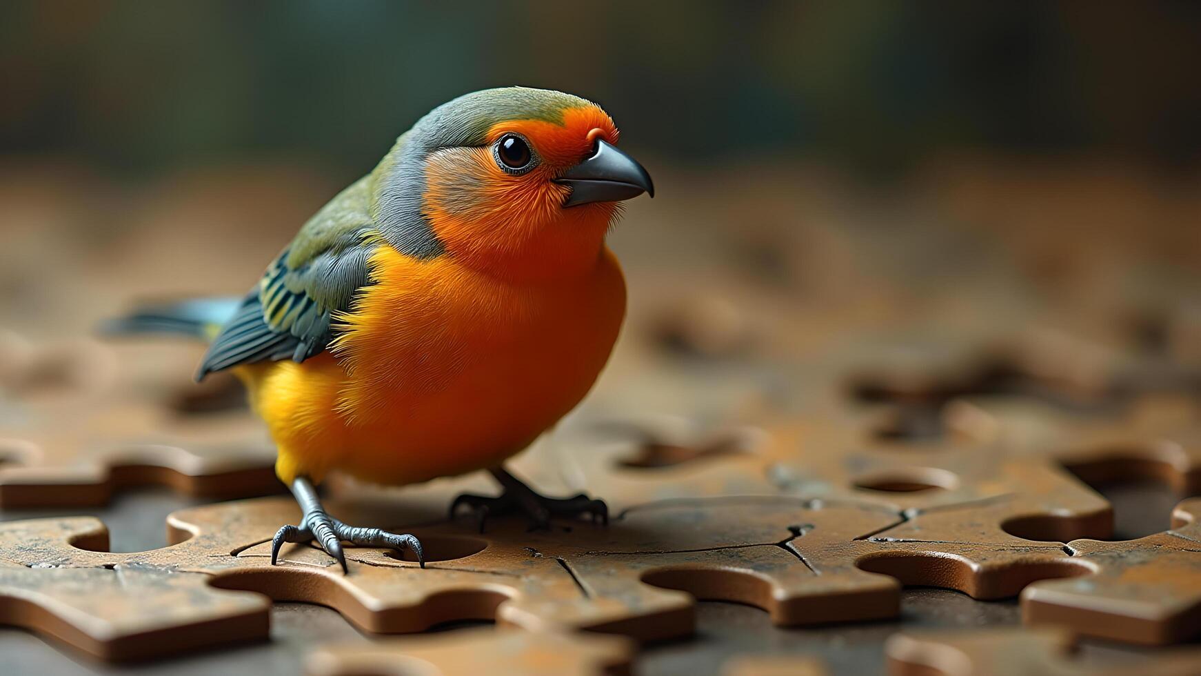 Colorful bird perched atop of a jigsaw puzzle, looking curiously at the viewer with detail photo