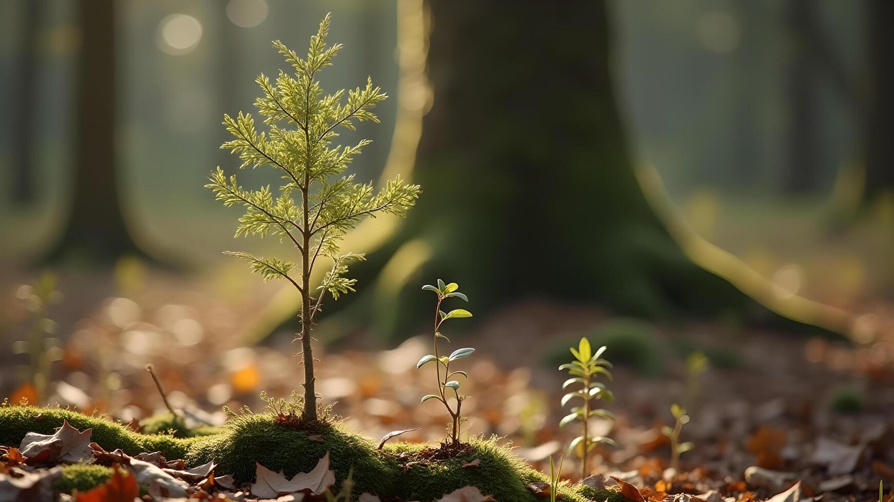 A young tree sapling in a forest illuminated by sunlight symbolizes new beginnings and growth photo