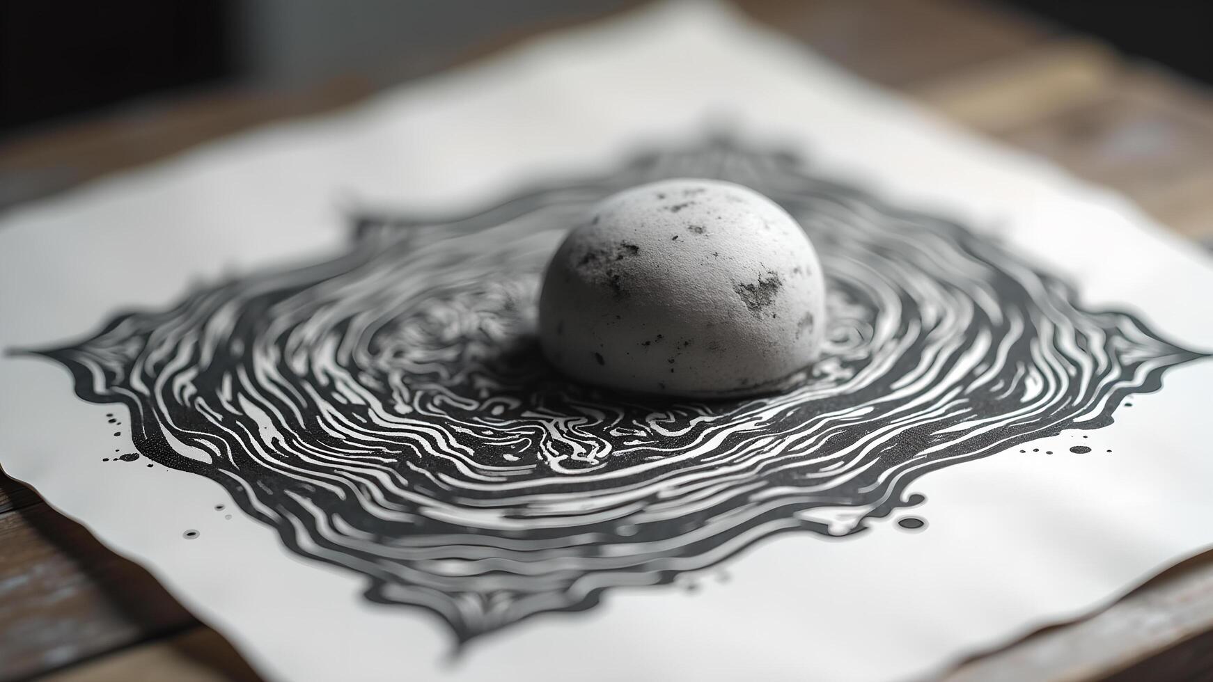 Conceptual art featuring stone sphere resting over intricate black and white mandala design, art concept photo