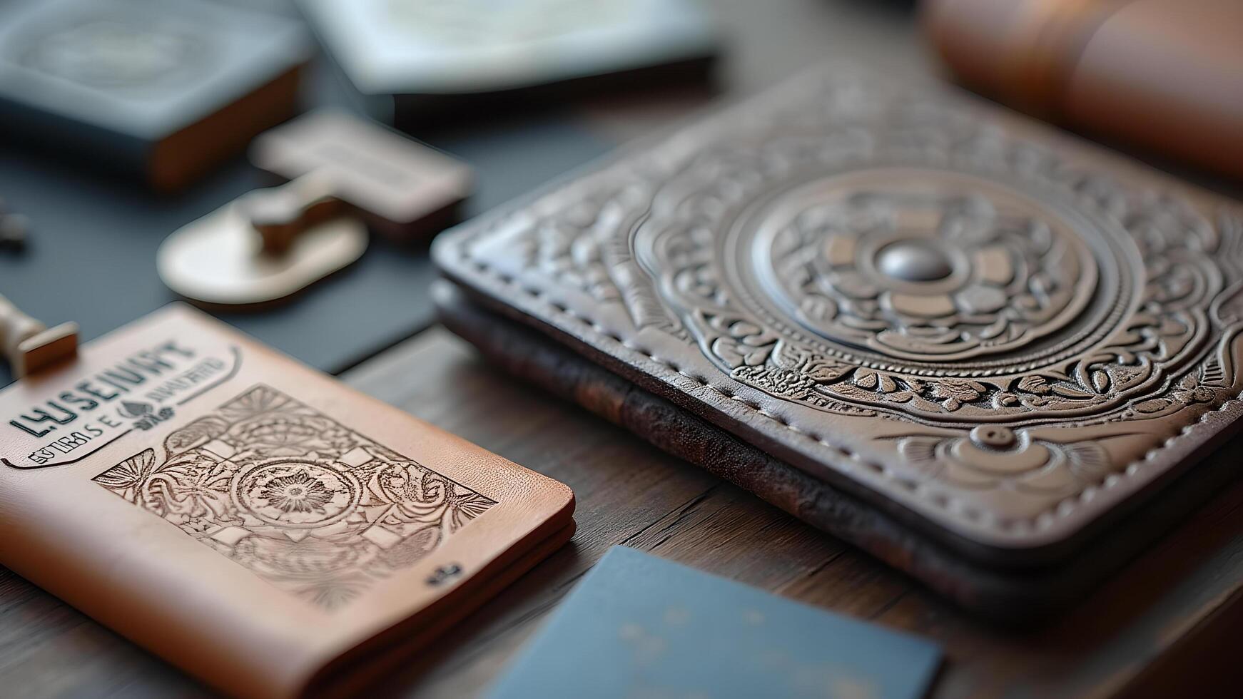 Handcrafted leather goods showcase intricate embossed designs and artisanal craftsmanship on a rustic wooden surface for an elegant presentation photo