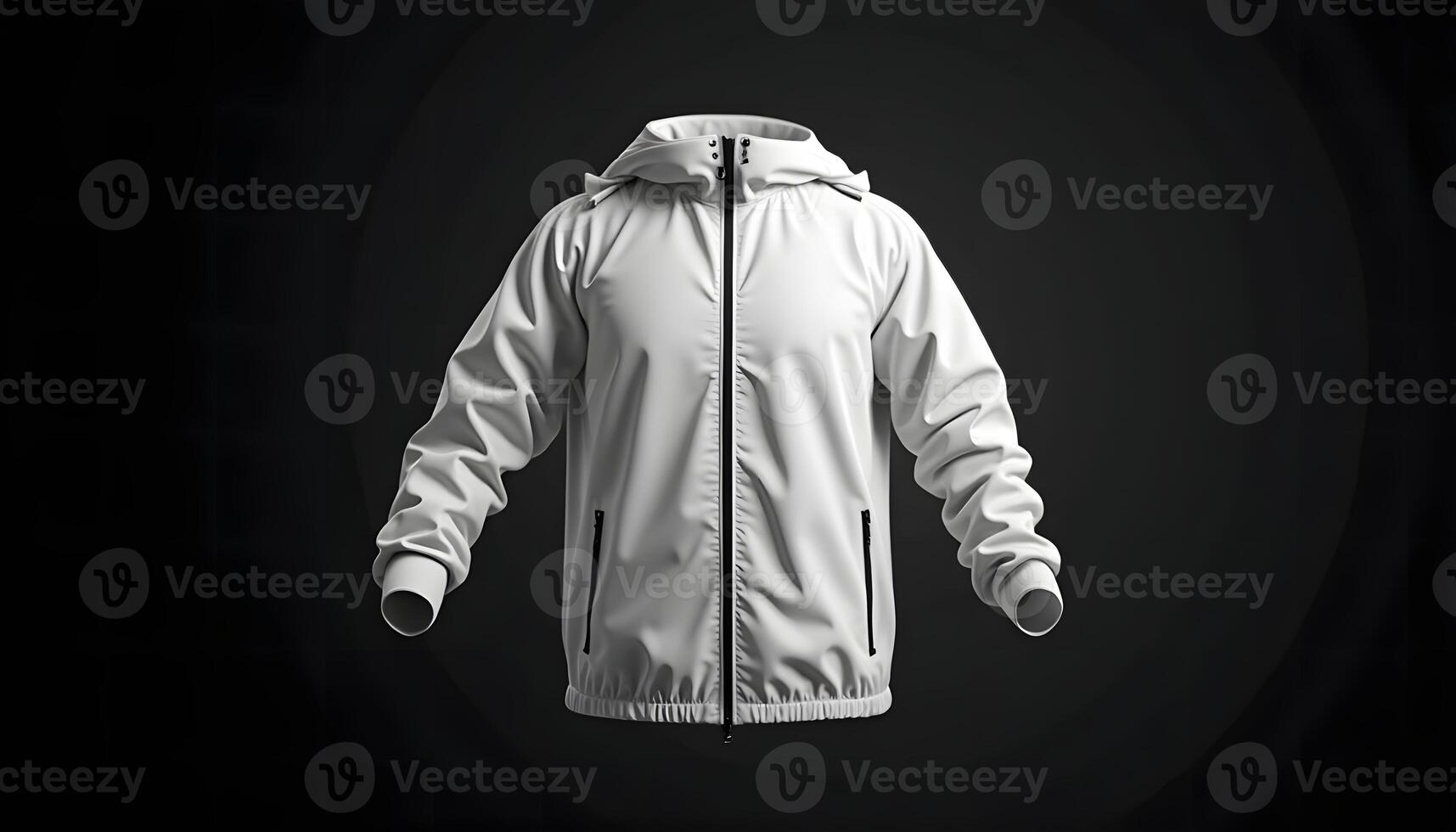 Stylish White Hooded Jacket Display on Dark Background for Apparel Mockup photo