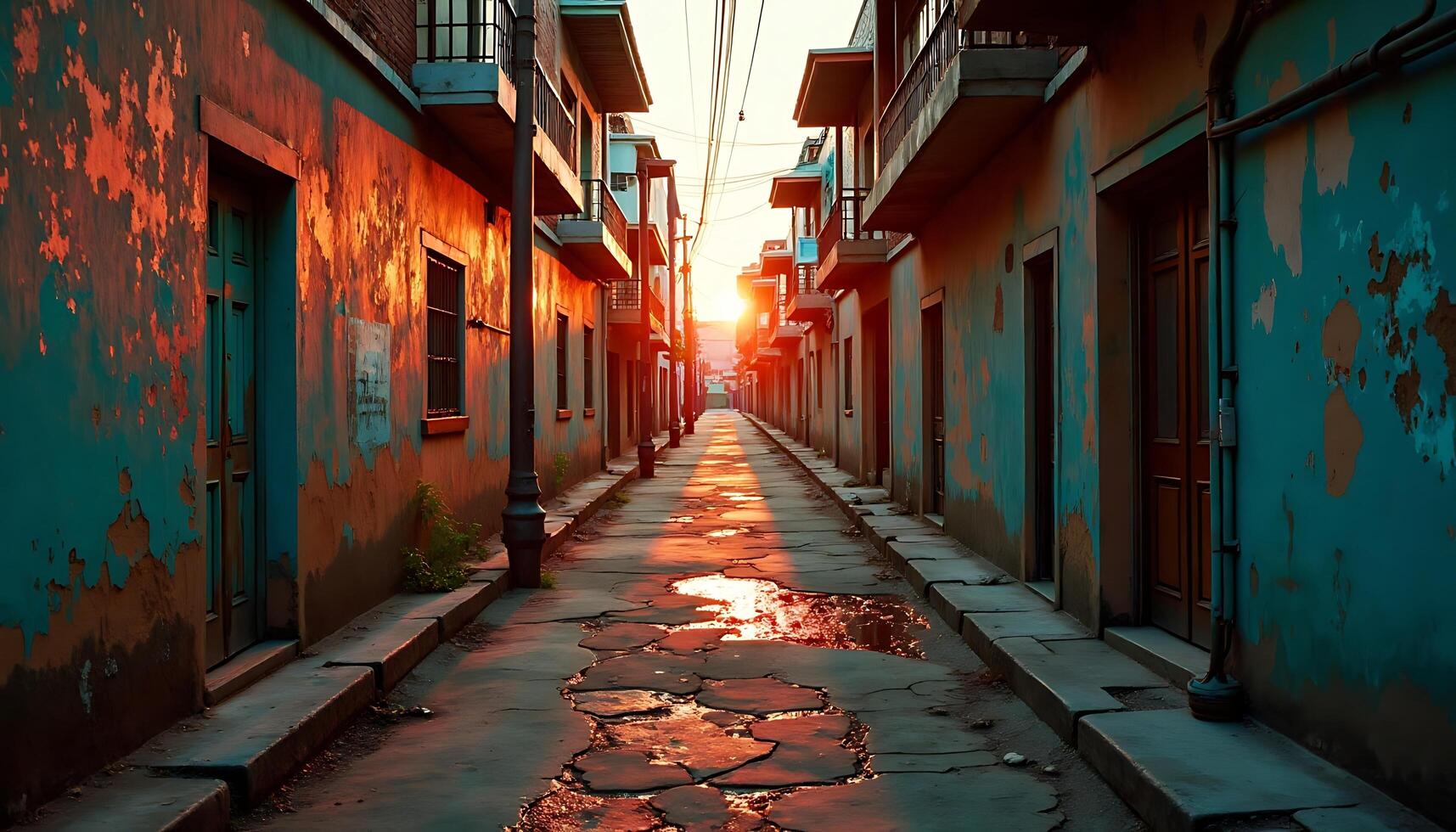 Quiet Urban Street at Sunset with Old Buildings and Reflections photo