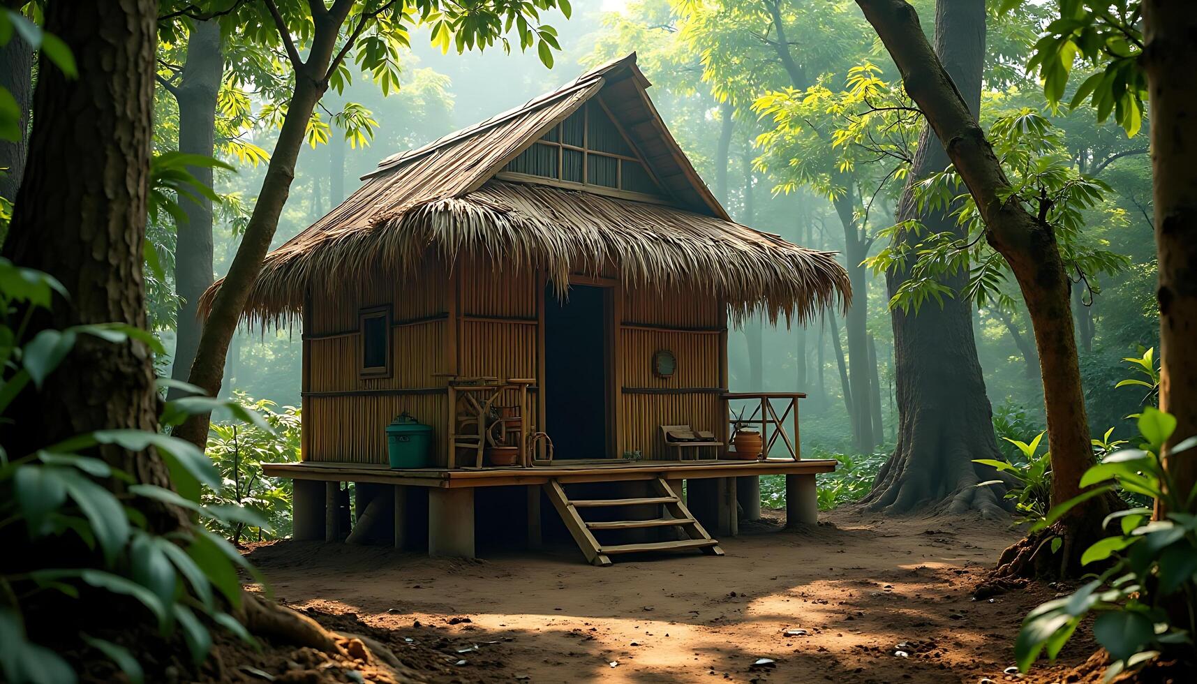 Tropical Hut in Forest Glade with Warm Light and Greenery photo