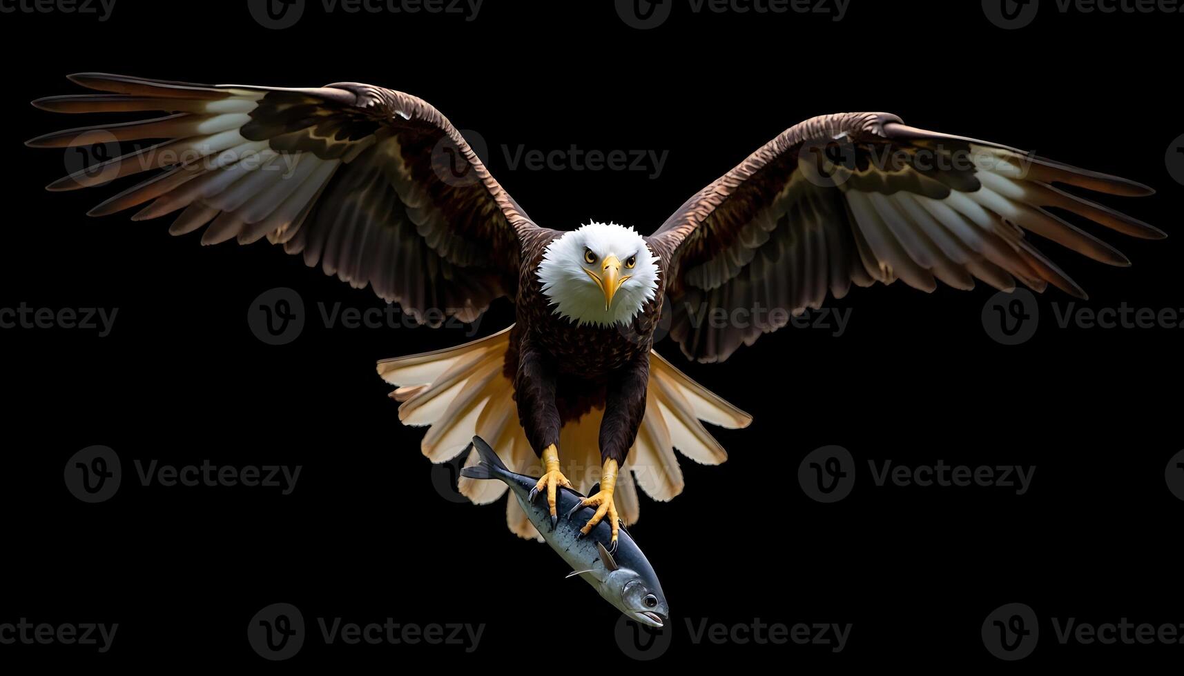 Bald Eagle Flying with Fish Isolated on Black Background - Hunting Predator photo