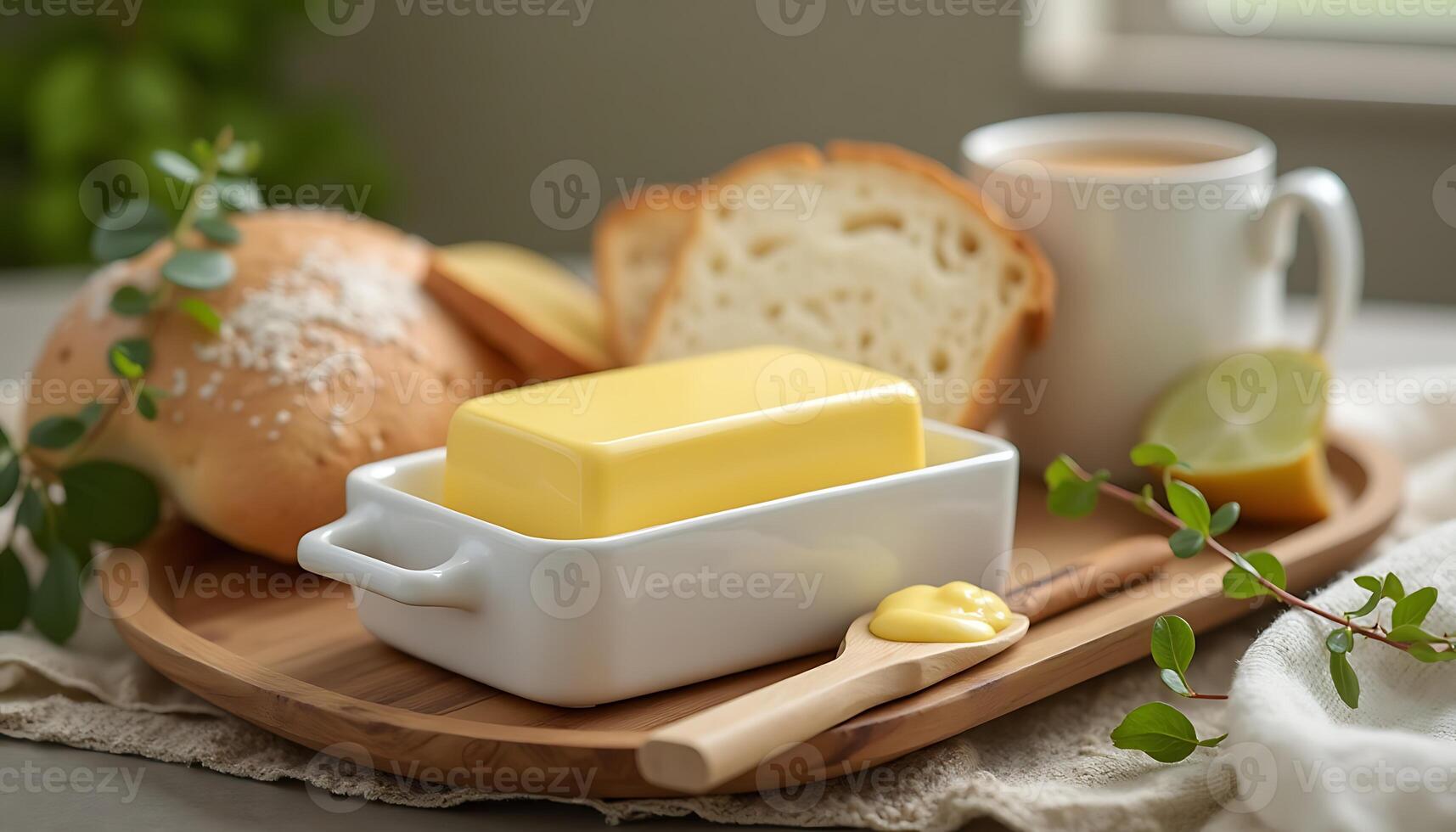 Serving of Fresh Butter with Bread and Coffee on Wooden Tray photo
