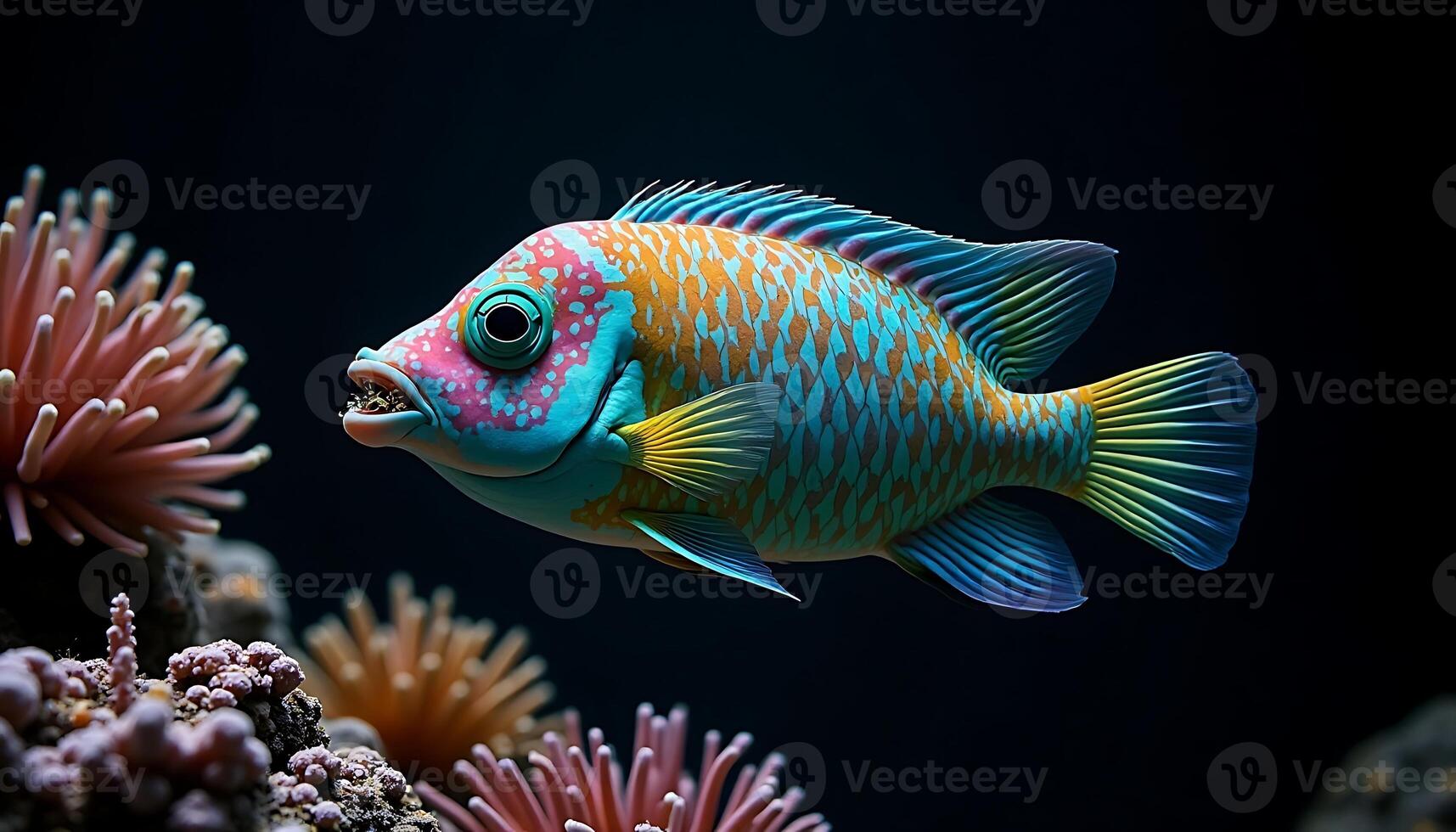 Colorful Parrotfish Swimming Near Coral Reefs in a Dark Underwater Environment photo