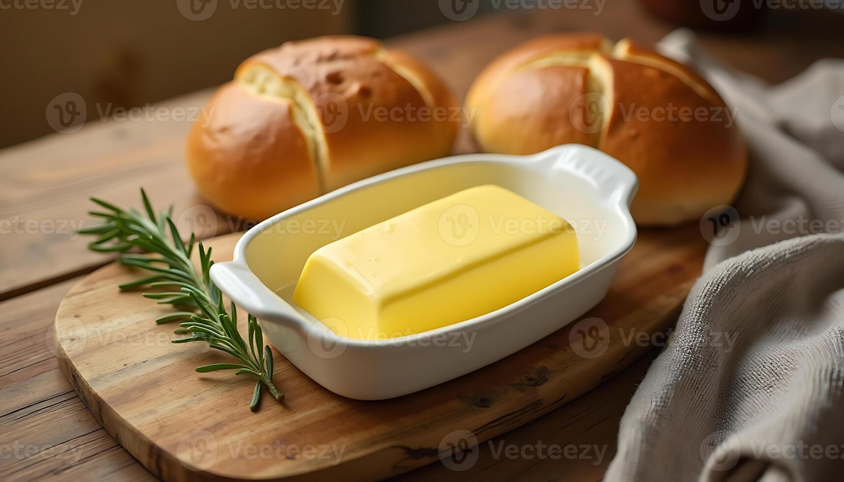 Fresh Butter Slab with Bread Rolls and Rosemary on Wooden Board photo