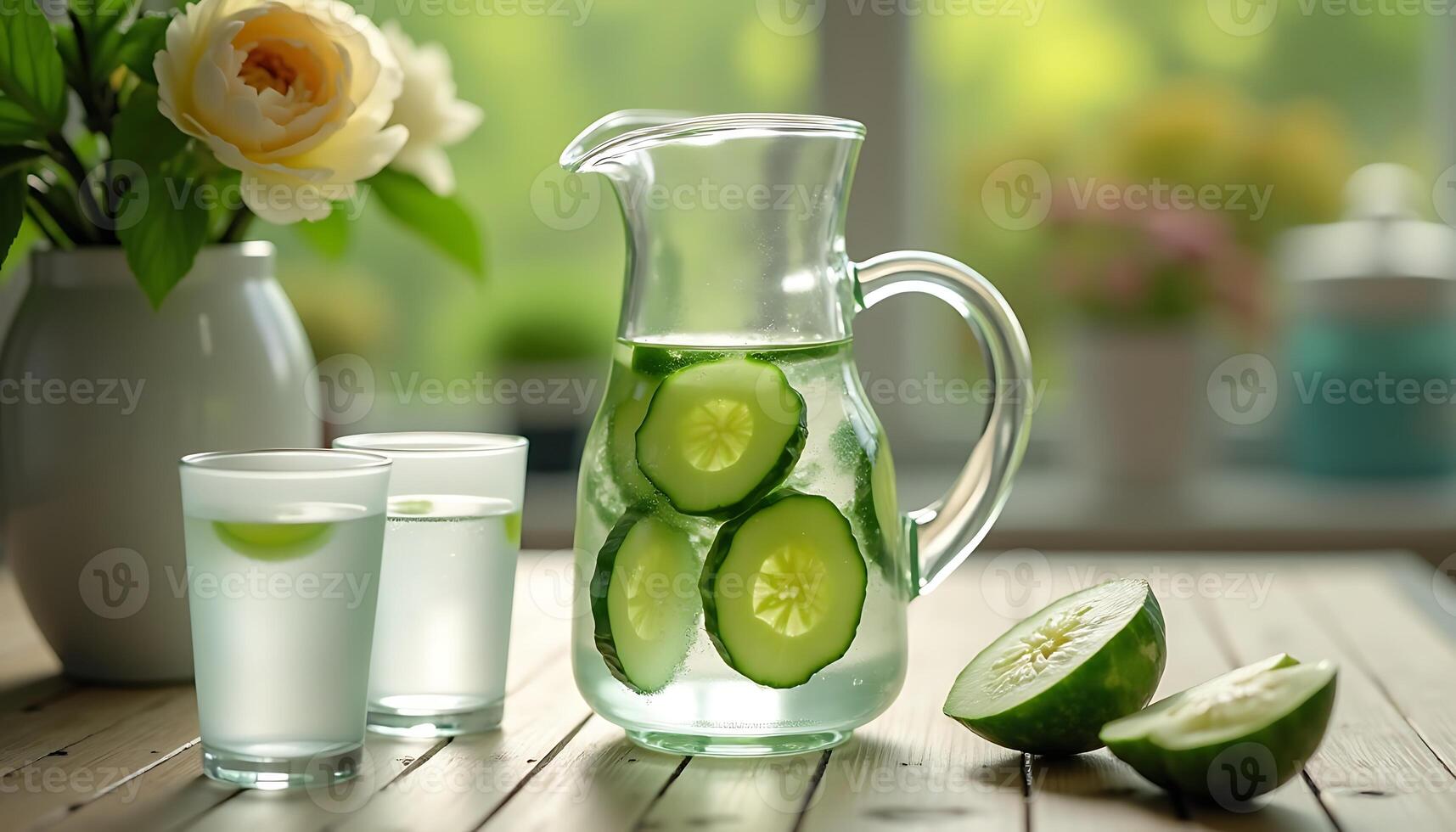 Cucumber Infused Water in Pitcher with Glasses and Floral Decoration photo