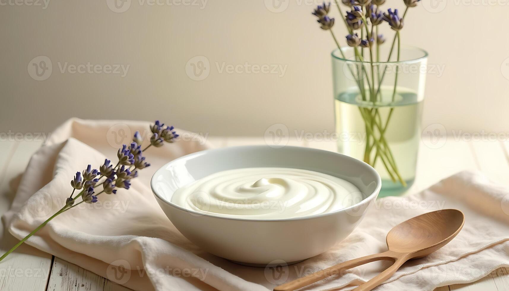 Creamy Yogurt in Bowl with Lavender and Wooden Spoons on Table photo