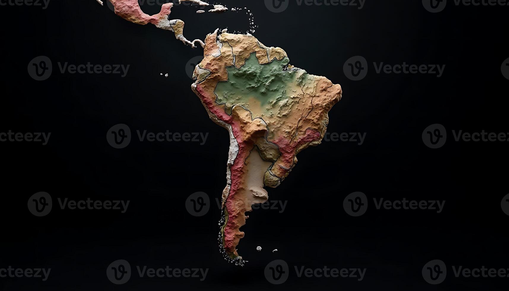 Detailed South America Map Relief Texture on Black Background Geography Study photo