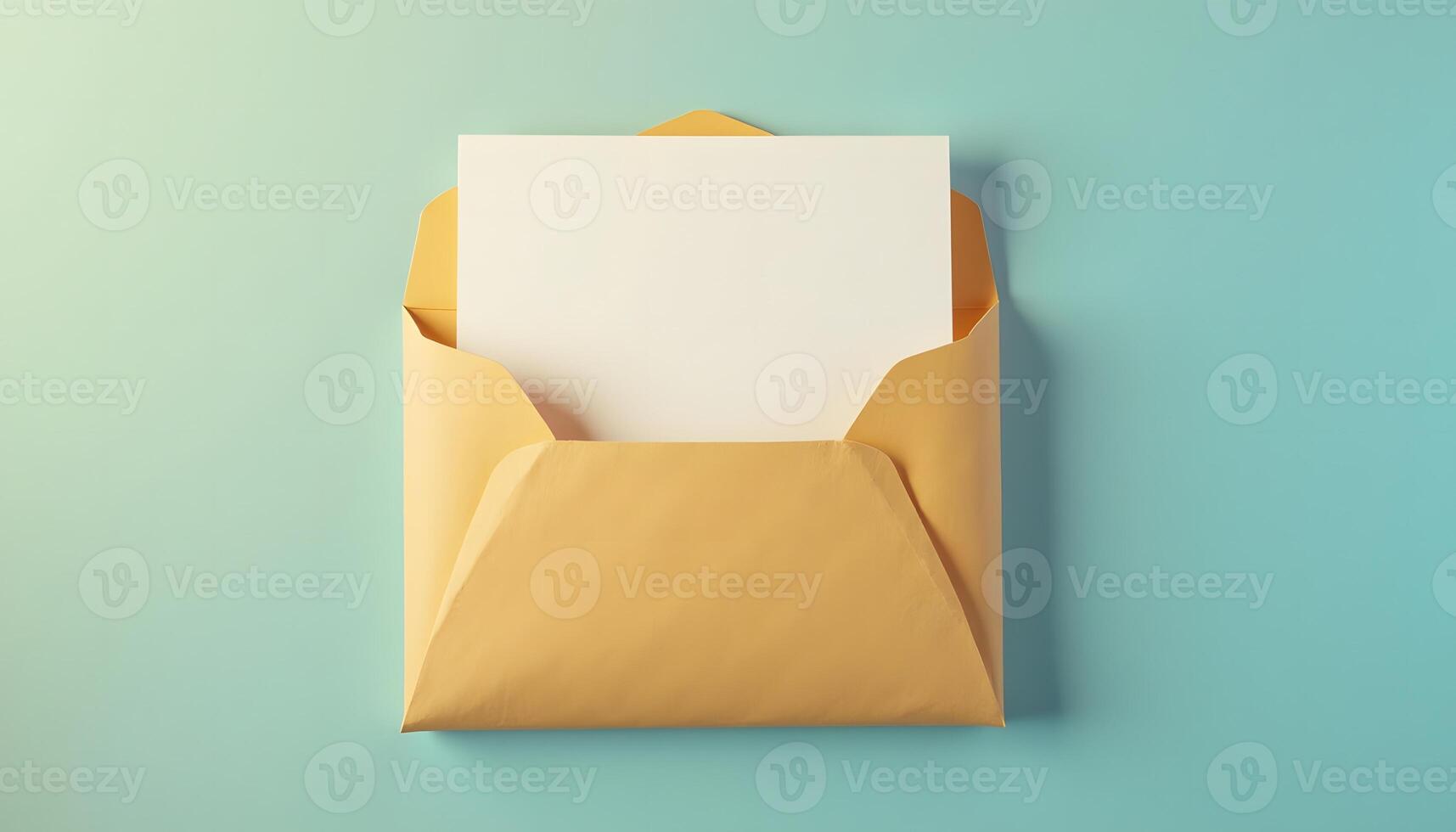 Open Envelope with Blank Card on Light Blue Background Top View photo