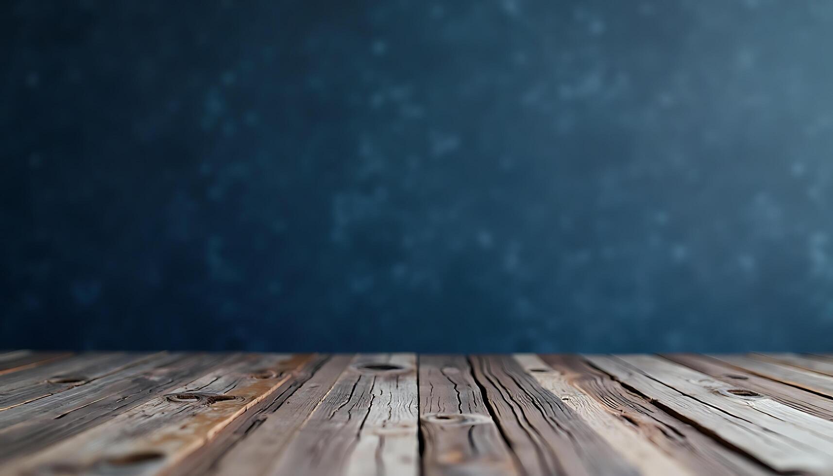 Rustic Wooden Table with Dark Blue Background for Product Display photo