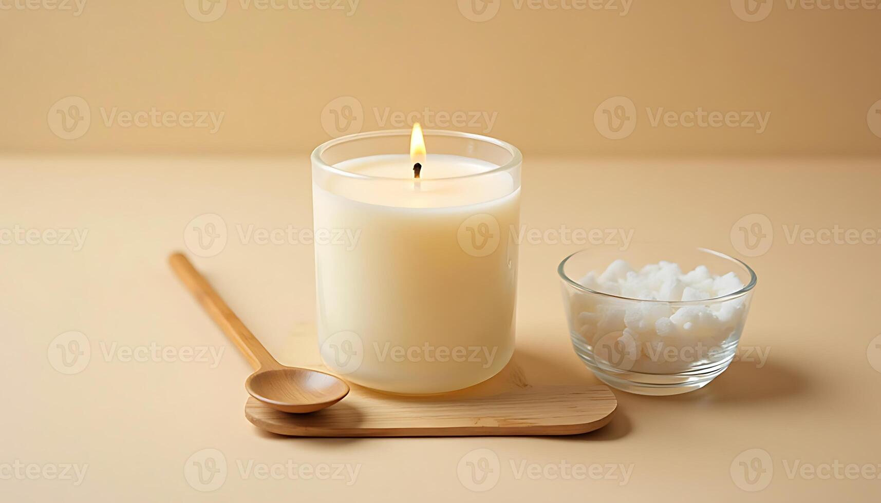 Burning Soy Candle with Wax Flakes and Wooden Spoon on Beige photo