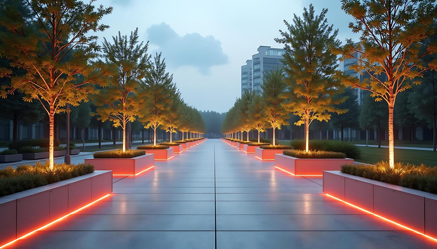 Illuminated Walkway Lined with Trees and Glowing Planters at Twilight photo