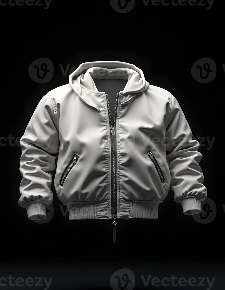 Hooded Bomber Jacket Fashionable Design Displayed on Dark Background photo